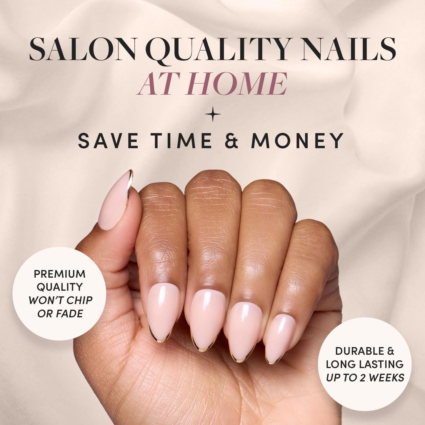 Glamnetic Press-On Nails & Adhesive Nail Tabs - Gold Standard | Short Almond Fake Nails with Gold French Tips | 15 Sizes - 30 Nail Kit with Adhesive Tabs