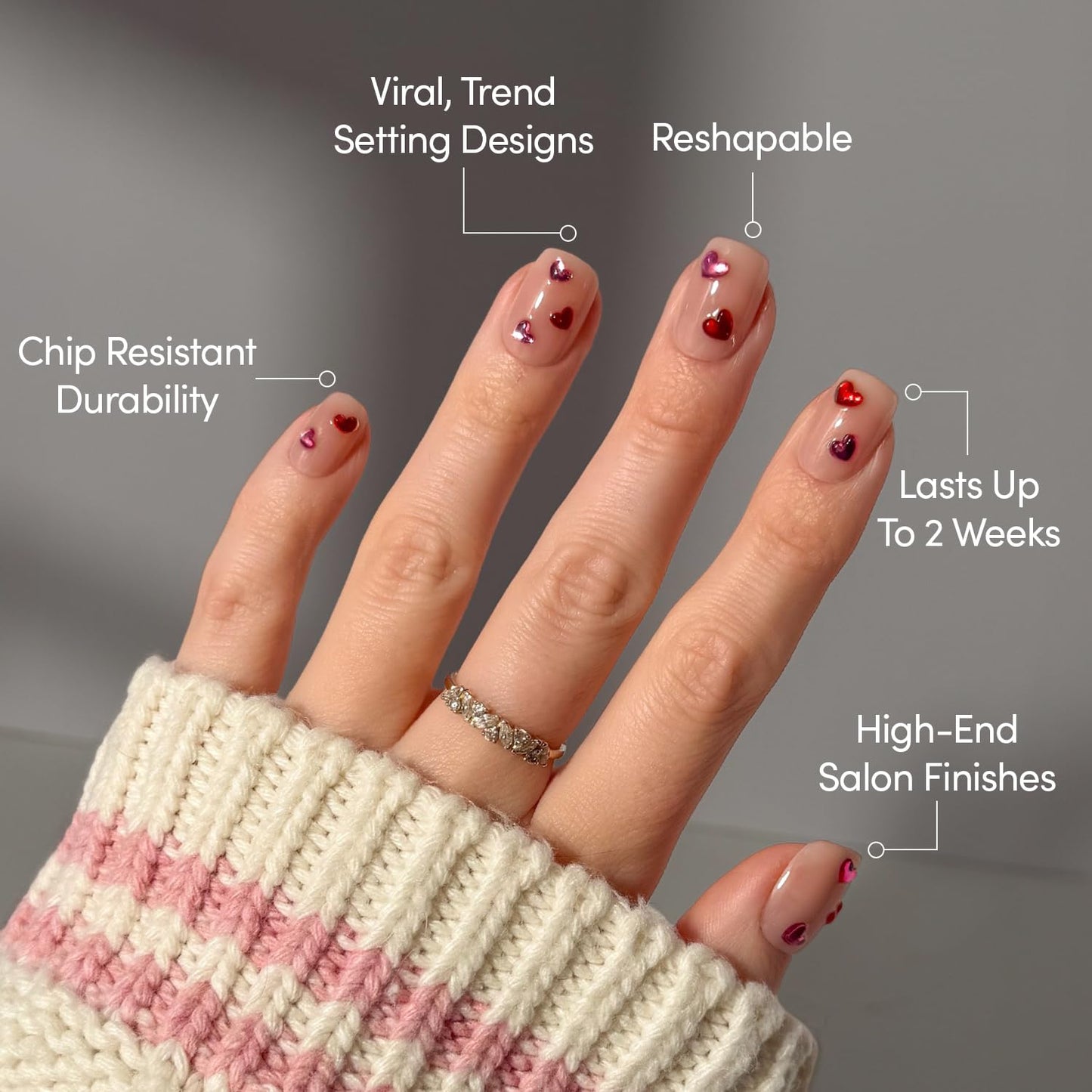 Glamnetic Press On Nails - Dear Lover | Short Squoval Fake Nails in Sheer Base with 3D Red & Pink Gemstone Heart Designs in a Glossy Finish | 15 Sizes - 30 Nail Kit with Glue