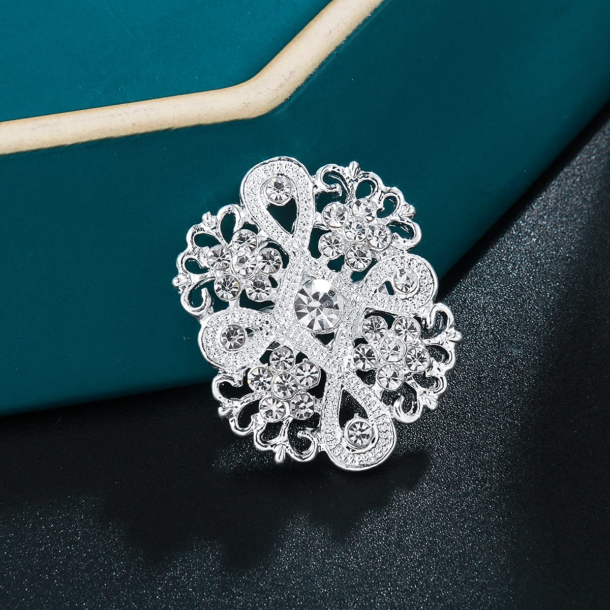MEEDOZ Lot 12pcs Assorted Crystal Rhinestone Silver Tone Flower Brooch Pin Set for Women DIY Bridal Wedding Bouquet Kit (Silver)