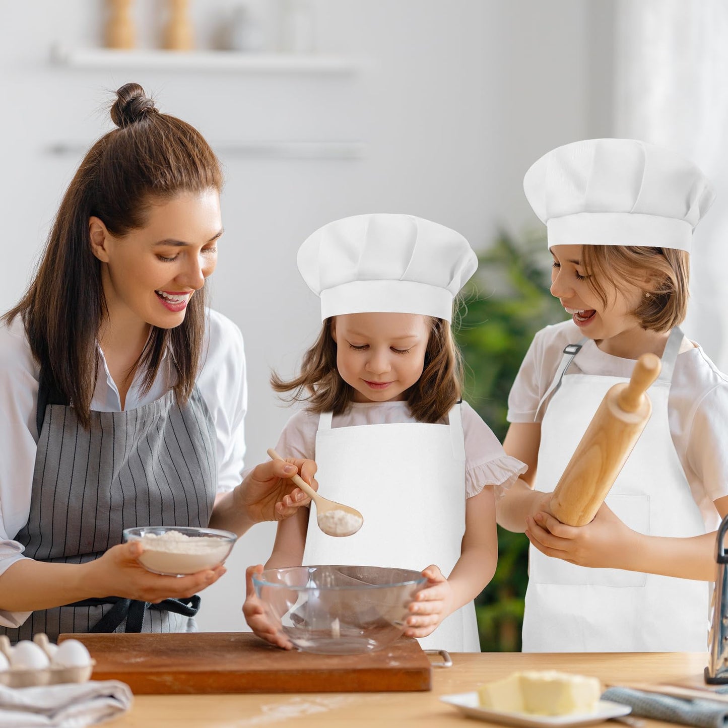 Bouiexye 5 Set Kids Apron and Chef Hat Set Children Apron Adjustable with 2 Pockets Children Chef Painting for Cooking Baking Painting Crafts Making (White