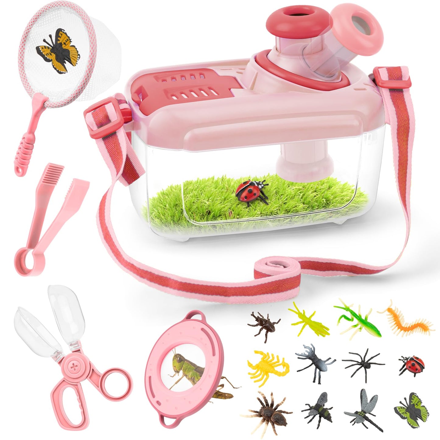 Funsland Bug Catcher Kit for Kids - 17 PCS Outdoor Explorer Kit Insect Catching Toys Nature Adventure Set for Boys 3 4 5 6 7 8 Year Old (Pink)