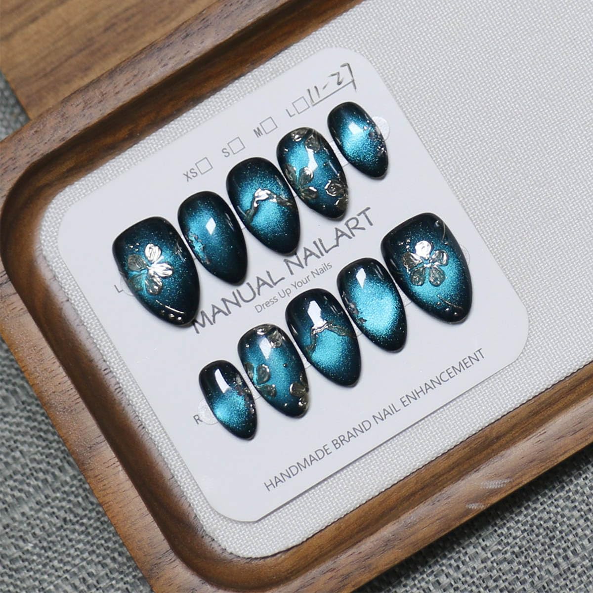 10 Pcs Short Almond Handmade Press On Nails | Teal Cat Eye with Silver Floral & Foil Accents | Reusable, Easy to Apply & Remove, Salon-Quality Manicure (RR17, S)