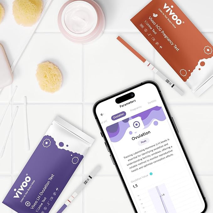 Vivoo Ovulation and Pregnancy Test Kit: Track Your Cycle and Test Results with Vivoo App, Includes 25 Individually Wrapped Ovulation (LH) Tests, 5 Pregnancy (HCG) Tests with 30 Cups