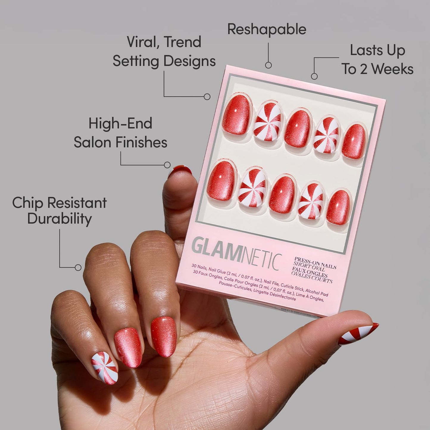 Glamnetic Press-On Nails Bundle - Cocoa & Kisses & Candy Crush | Short Oval Nude Nails with Festive Winter Graphics | Short Oval Fake Nails with Candy Cane Swirl Design and Velvet Finish | Durable, Sa