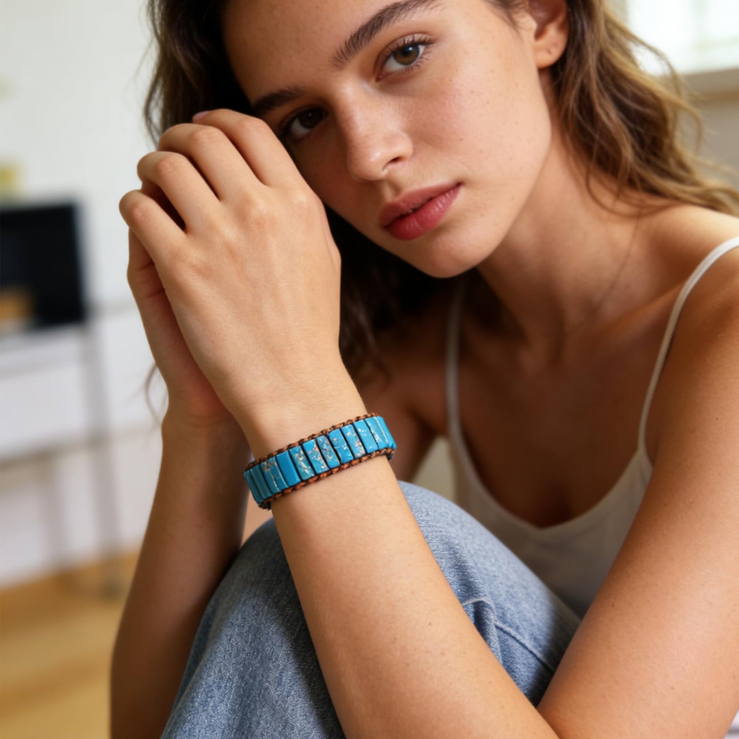 Plumiss Natural Blue Imperial Jasper Stone Leather Wrap Bracelet for Women, Handmade Boho Western Jewelry, Adjustable Slider Bracelet Gift for Her