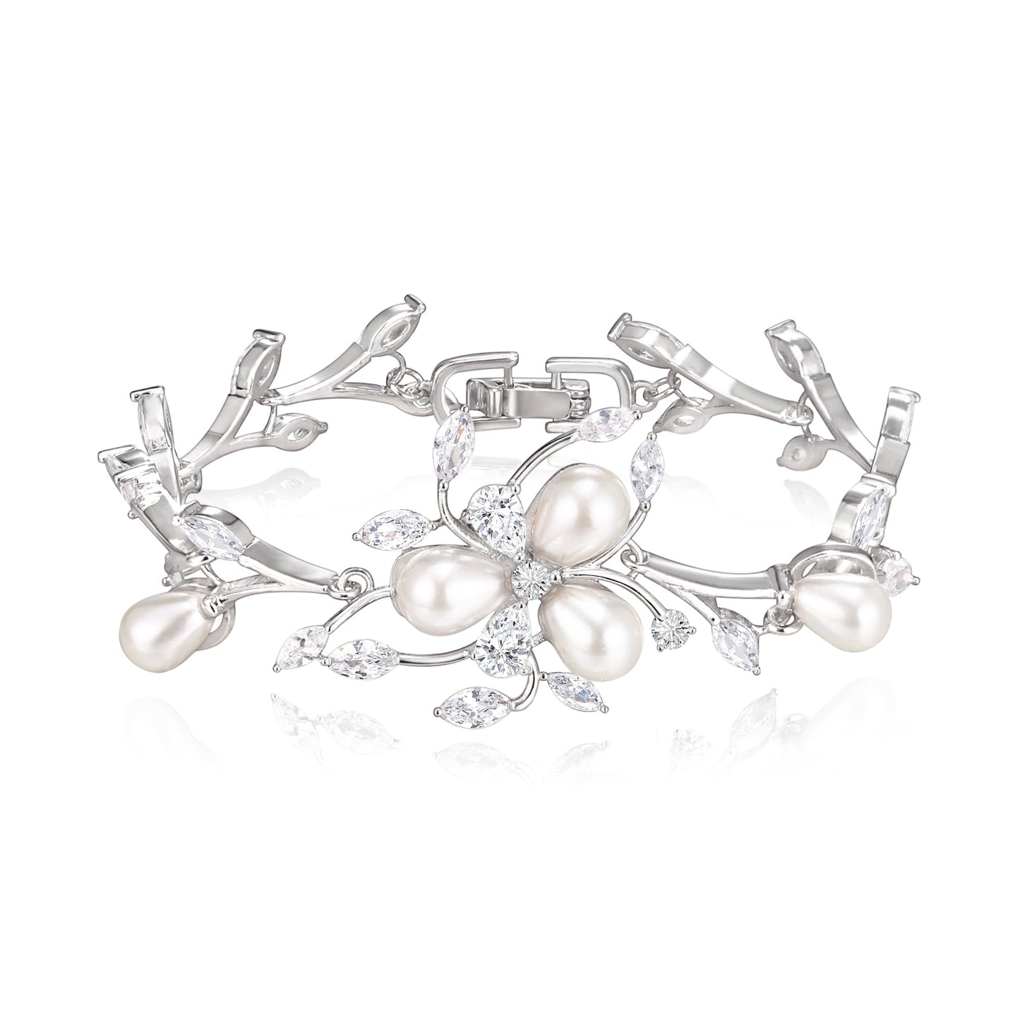 EVER FAITH Women's CZ Simulated Pearl Bridal Flower Leaf Filigree Tennis Bracelet Clear Silver-Plated-Brass