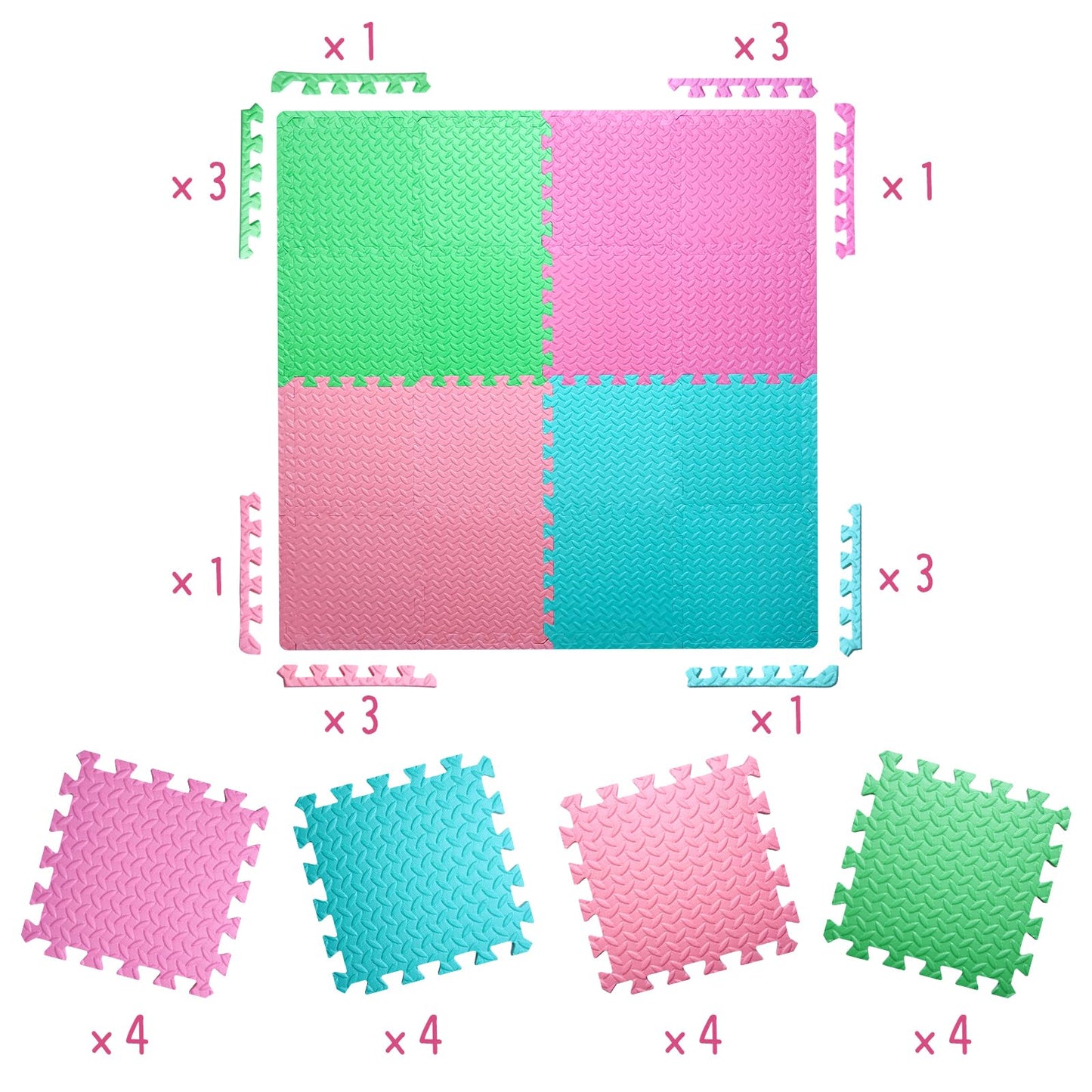 Coolcandy Baby Foam Play Mat 16Pcs with Edge Strips, 4 Colors Interlocking Floor Tiles, 0.4″ Thickened Non-Slip Puzzle Floor Mat for Infants Toddlers Playroom & Daycare
