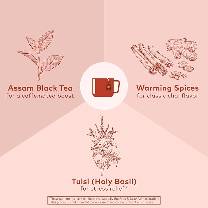 Organic India Tulsi Masala Chai Tea Bags - Holy Basil, Black Tea, Spices with Ginger, Stress Relieving, Immune Support, USDA Certified Organic, Antioxidant, Caffeinated - 18 Infusion Bags, 6 Pack