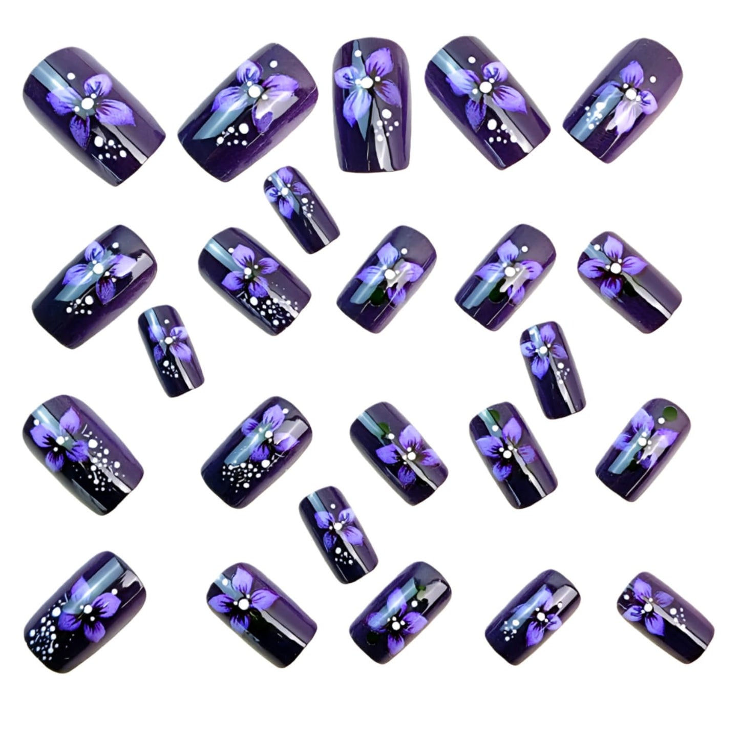 Purple Flower Press on Nails Medium Square Fake Nails with Floral Designs Black False Nail Full Cover Glossy Acrylic Artificial Fingernails Spring Summer Stick on Nail for Women 24Pcs