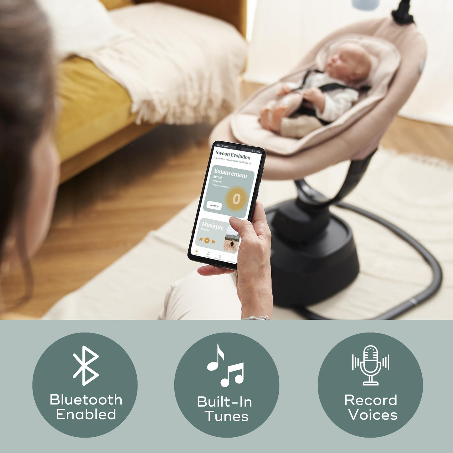 Babymoov Swoon Evolution Smart Electric Baby Swing, Bluetooth-Connected, 8 Motions, 360° Reclining Seat, Music Streaming, Voice Recording, Personalized Lullabies, Mobile App Control, Infant Included