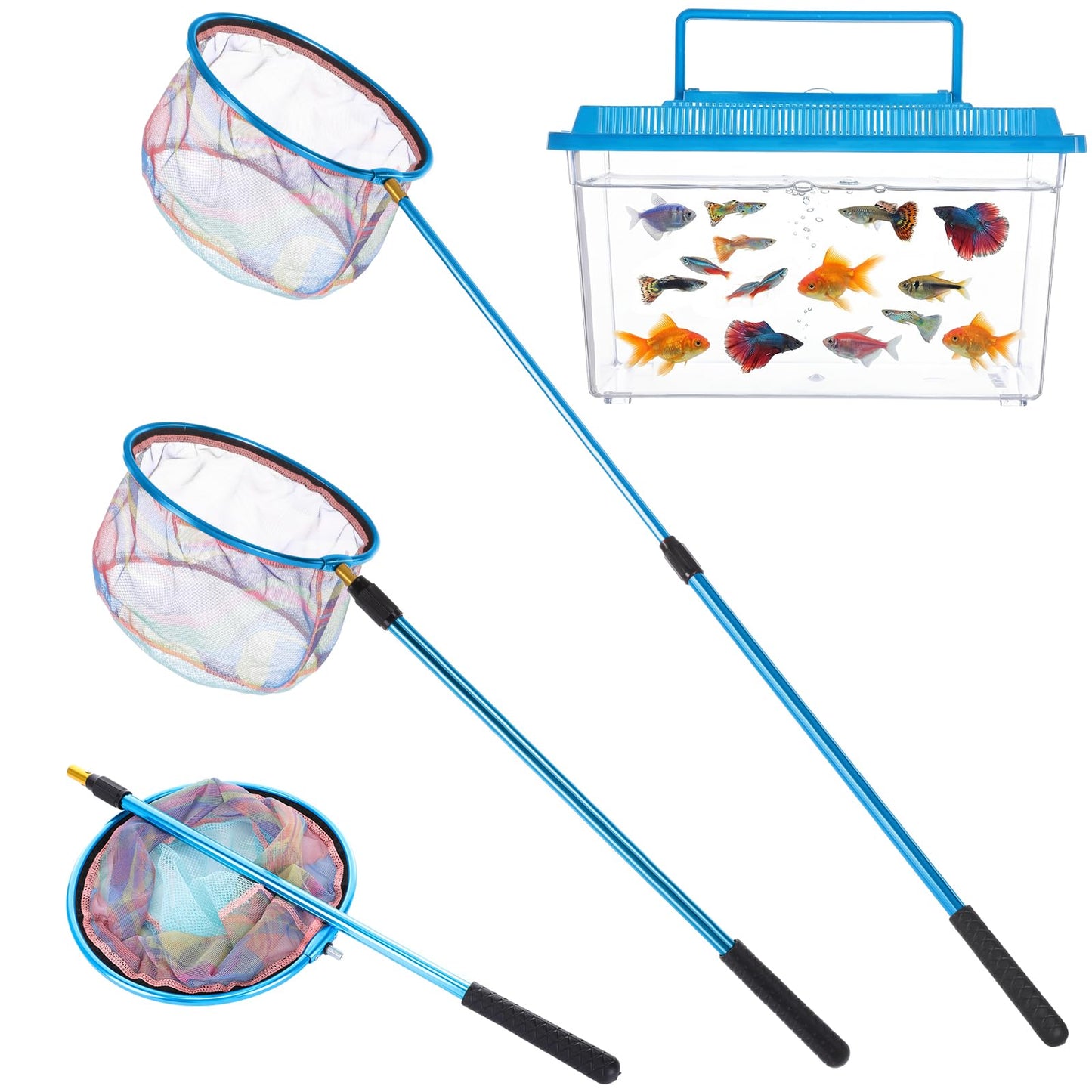 Ferrochef 2-in-1 Set Telescopic Fishing Net and Beach Fish Tank, 30" to 48" Extendable Lightweight Aluminum Pole with Non-Slip Handle for Catching Observing Release, Outdoor Exploration Kit
