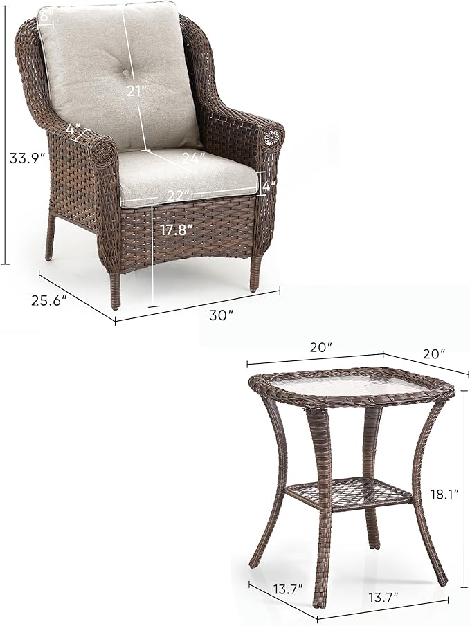 3 Piece Patio Brown Wicker Chairs with Side Table - Outdoor High Back Heavy Duty All-Weather Lawn Dining Rattan Chair Conversation Bistro Set for Deck Porch Balcony Backyard Garden - Beige
