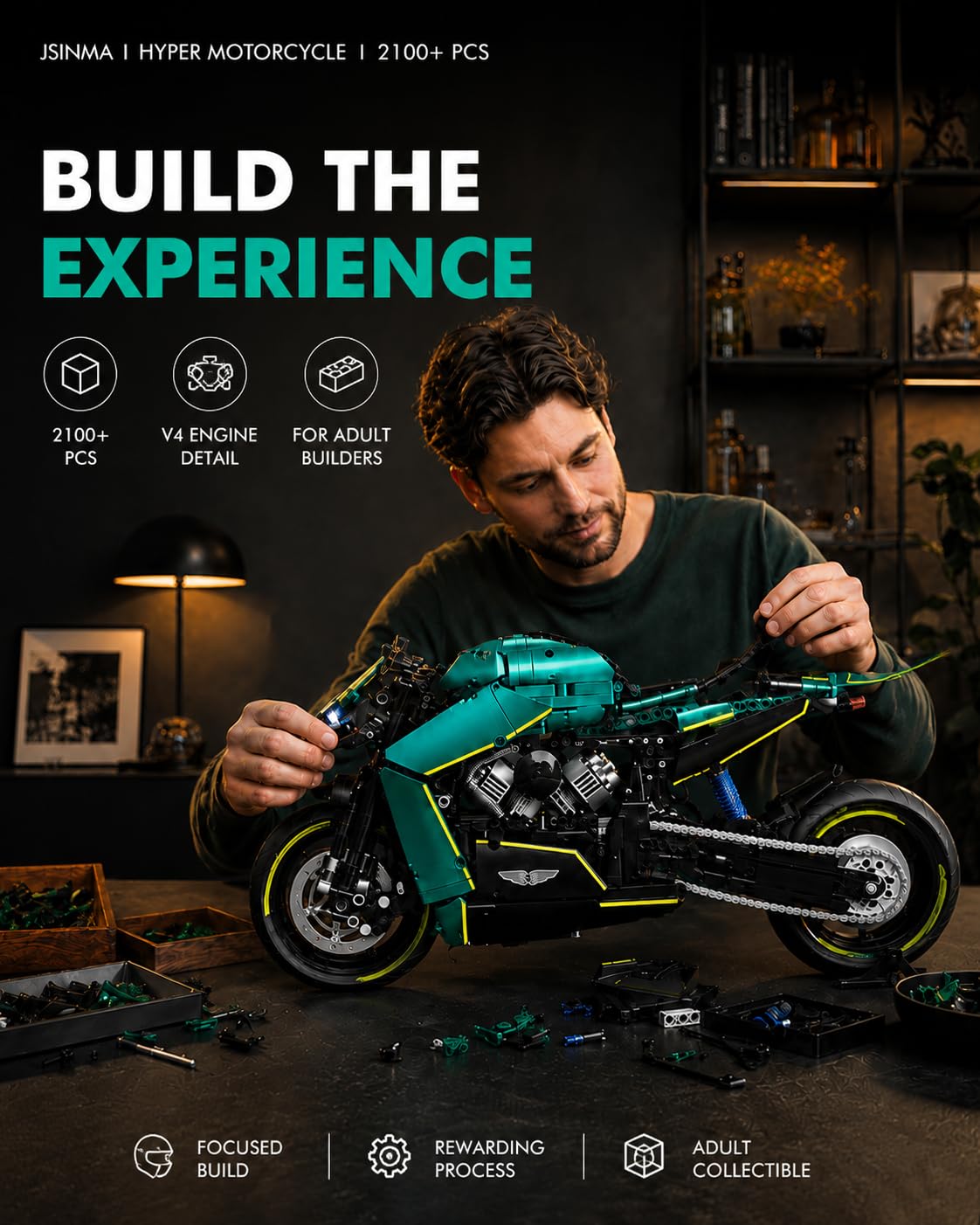 JSINMA Technic AMB001 Hyper Motorcycle Building Set for Adults, 1:5 Large Scale Bike Model with LED Lights, Mechanical Engineering Display Collectible Gift, 2100+ PCS