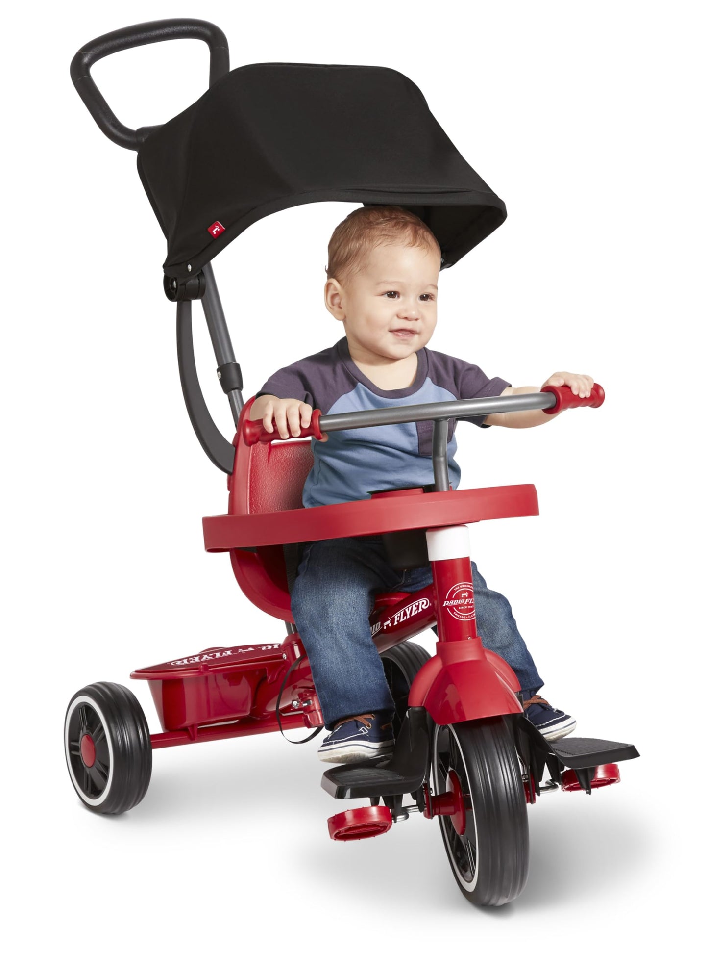 Radio Flyer 4-in-1 Pedal & Push Stroll 'N Trike, Ages 1-5, Toddler Tricycle & Stroller, High-Density Foam Tires, Parent Push Handle, UV Canopy, Removable Tray, Headrest & Seatbelt, Stroller Tricycle