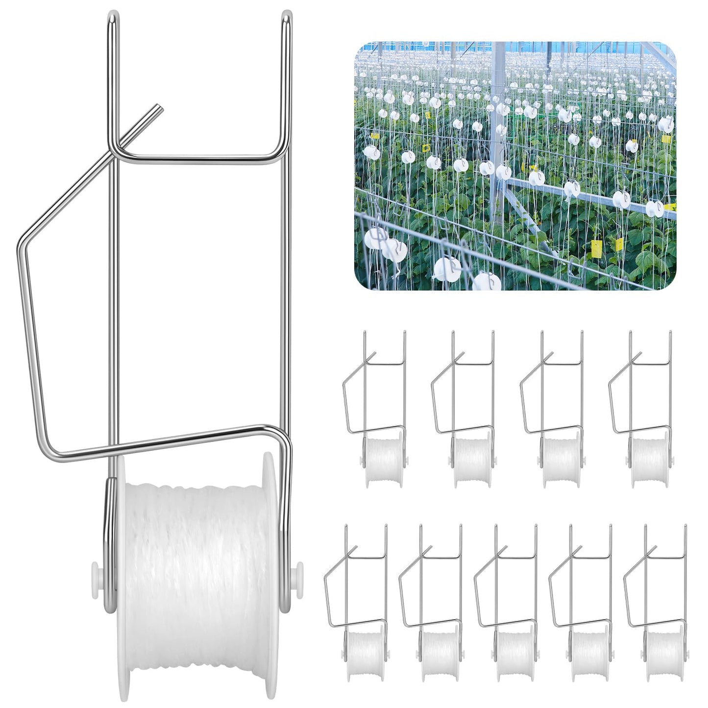 10 Pack Tomato Roller Hooks with 49.2FT String,Tomato Roller Hooks for Greenhouse,Plant,Flower Vine Crop Trellis Kit