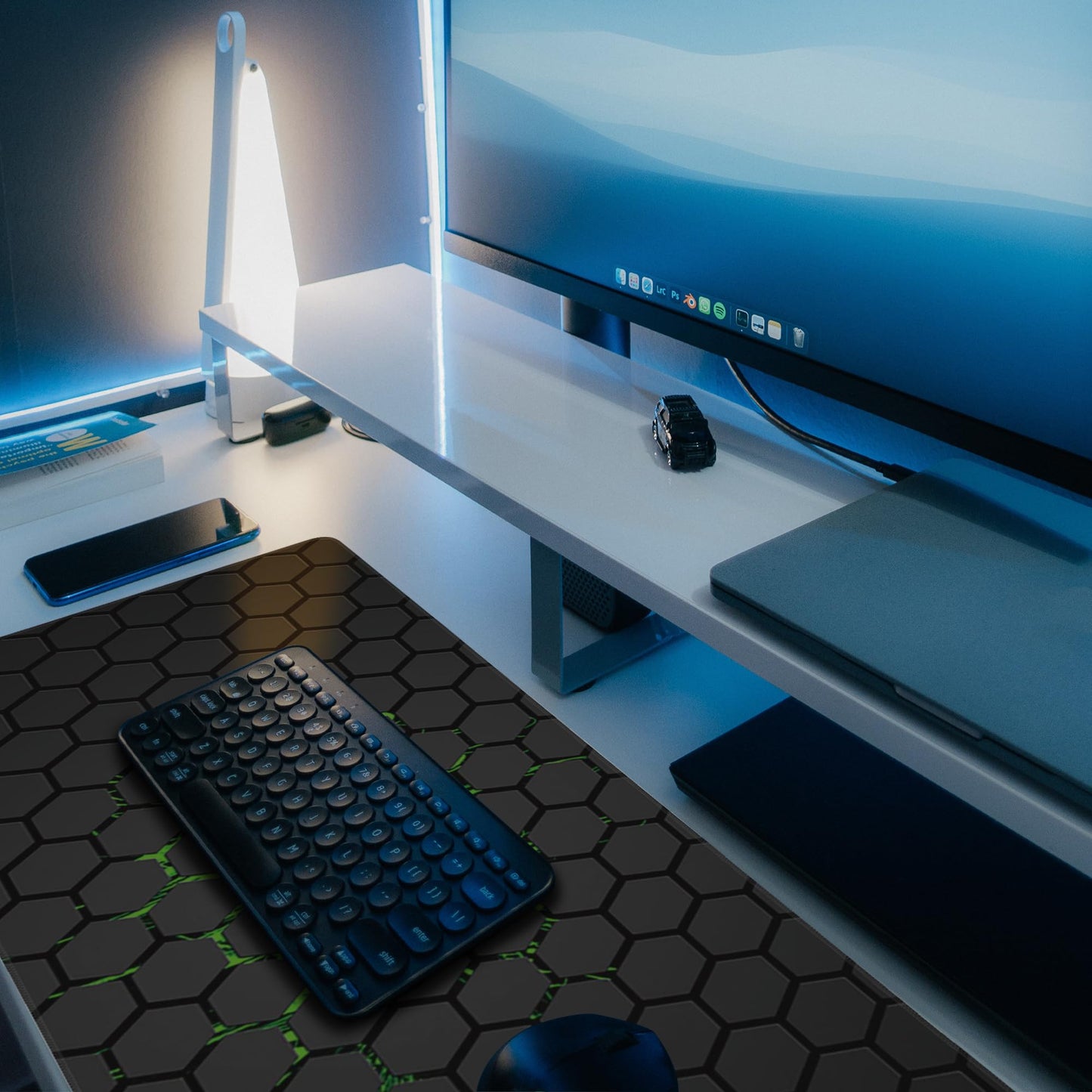 Desk Pad, Green Honeycomb Science Technology Extended Gaming Mouse Pad Large, 35.4"x15.7" Big Mouse Pad with Non-Slip Base and Stitched Edge, Long Computer Keyboard Mouse Mat for Home Office Work