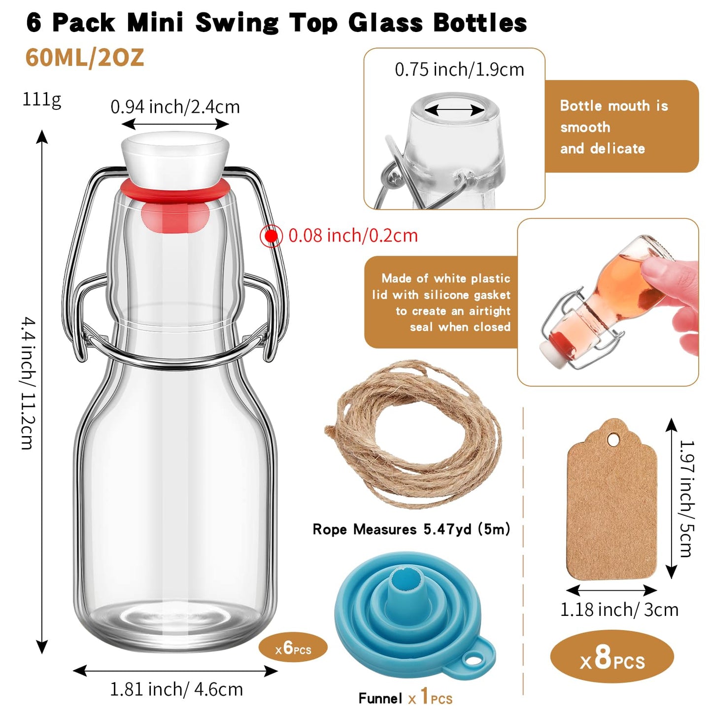 eispap 6Pcs Red Lid 2 oz Mini Swing Top Glass Bottles, 60ML Mini Storage Bottles, with Lids Kraft Decoration,Small Glass Bottles,for Wedding Themed Party Favors (6)
