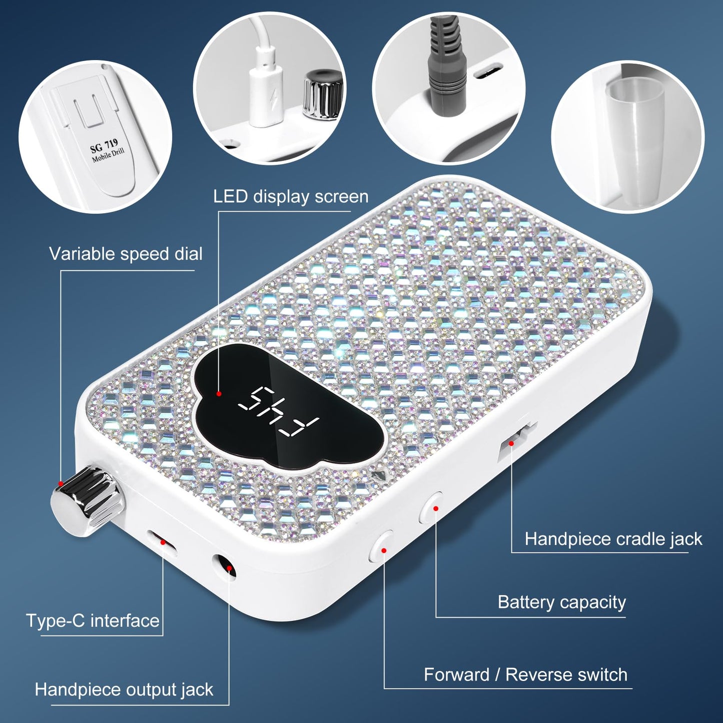 LIMEGIRL Professional Electric Nail File Drill Bits Kit 45000RPM for Acrylic Toenail Machine Clippers with 14 Drill Bit Gradient White Glitter Portable Rechargeable Cordless