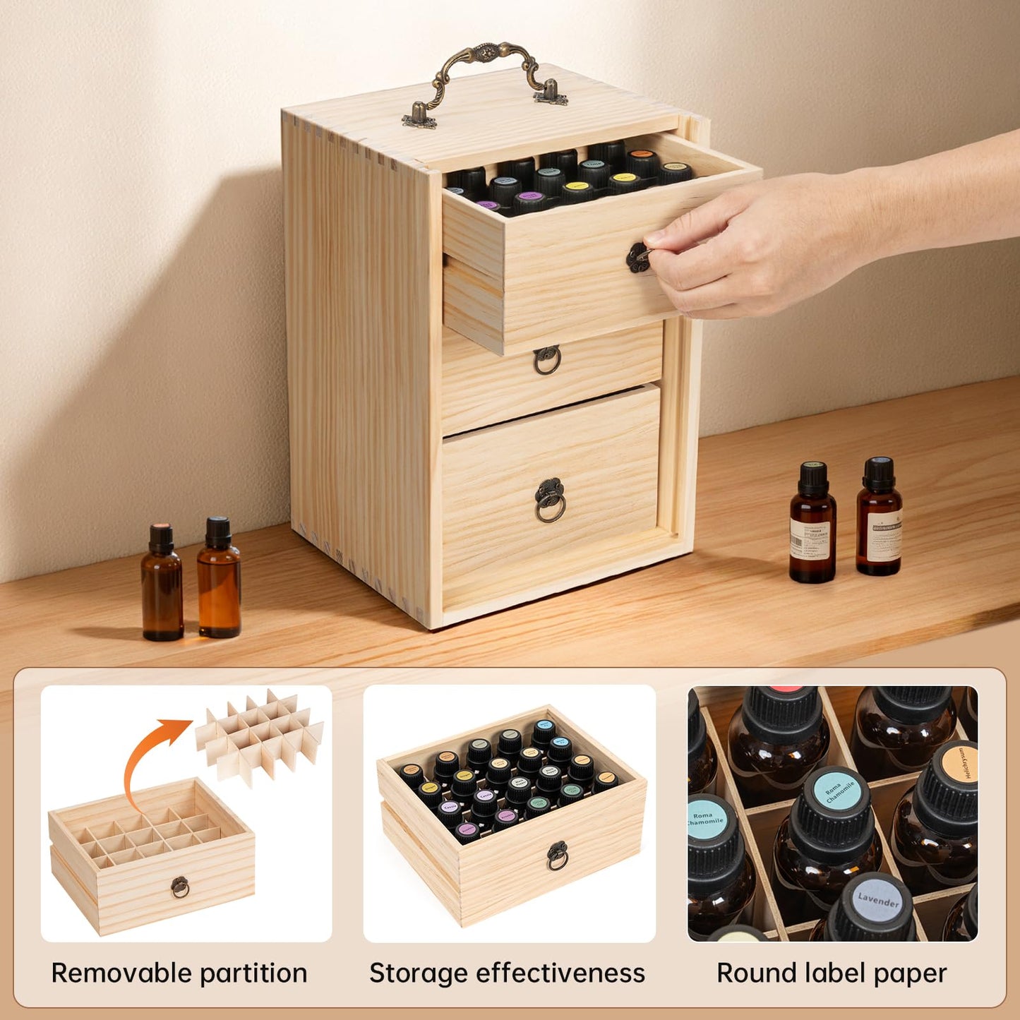 TORIBIO Essential Oil Storage Box for 60 Bottles, Wooden Essential Oils Holder Organizer Holds 5-30ml for Young Living & Doterra Bottles