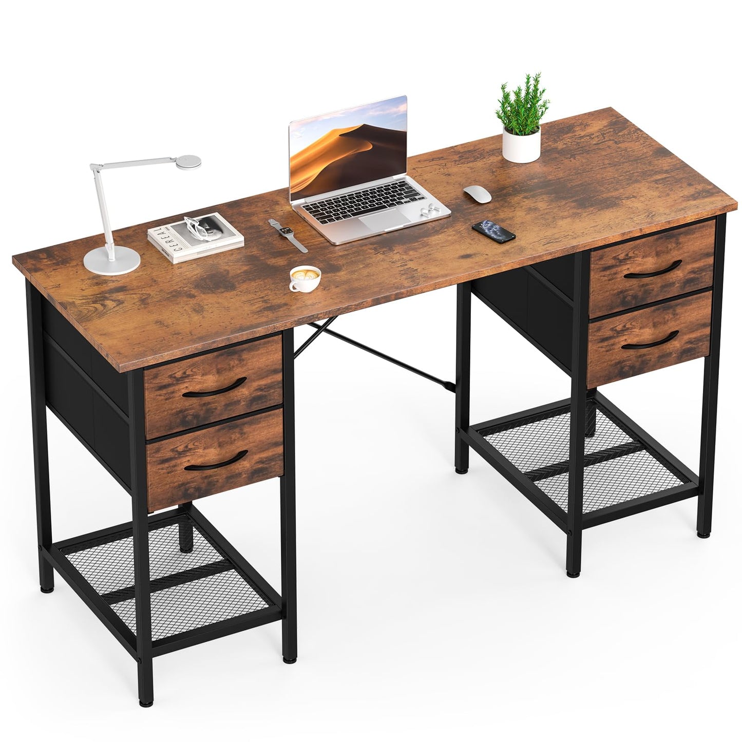 Sweetcrispy Computer Desk with Drawers, 55 Inch Home Office Bedroom Table with 4 Fabric Drawers & 2 Mesh Storage Shelves, Wood Table with X-Shaped Structure for Writing Study PC Desk, Brown