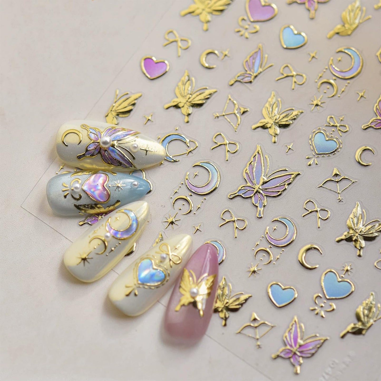 5D Embossed Butterfly Nail Stickers Heart Nail Art Stickers Spring Nail Decals Self-Adhesive Gold Butterfly Star Moon Nail Art Decals for Women Valentine's Manicure