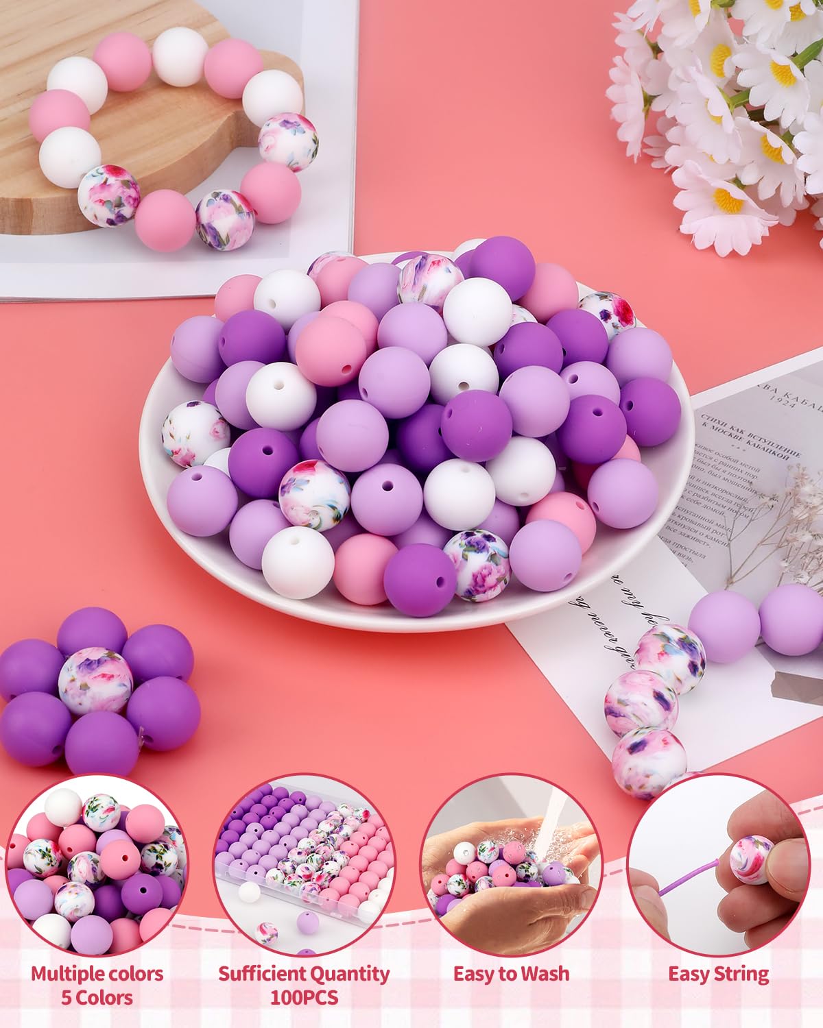 SALUOKE 100 Pcs 15mm Silicone Beads for Keychain Making, Purple White Silicone Beads Bulk Round for Bracelets Pens Crafts Jewelry Making (Purple White)
