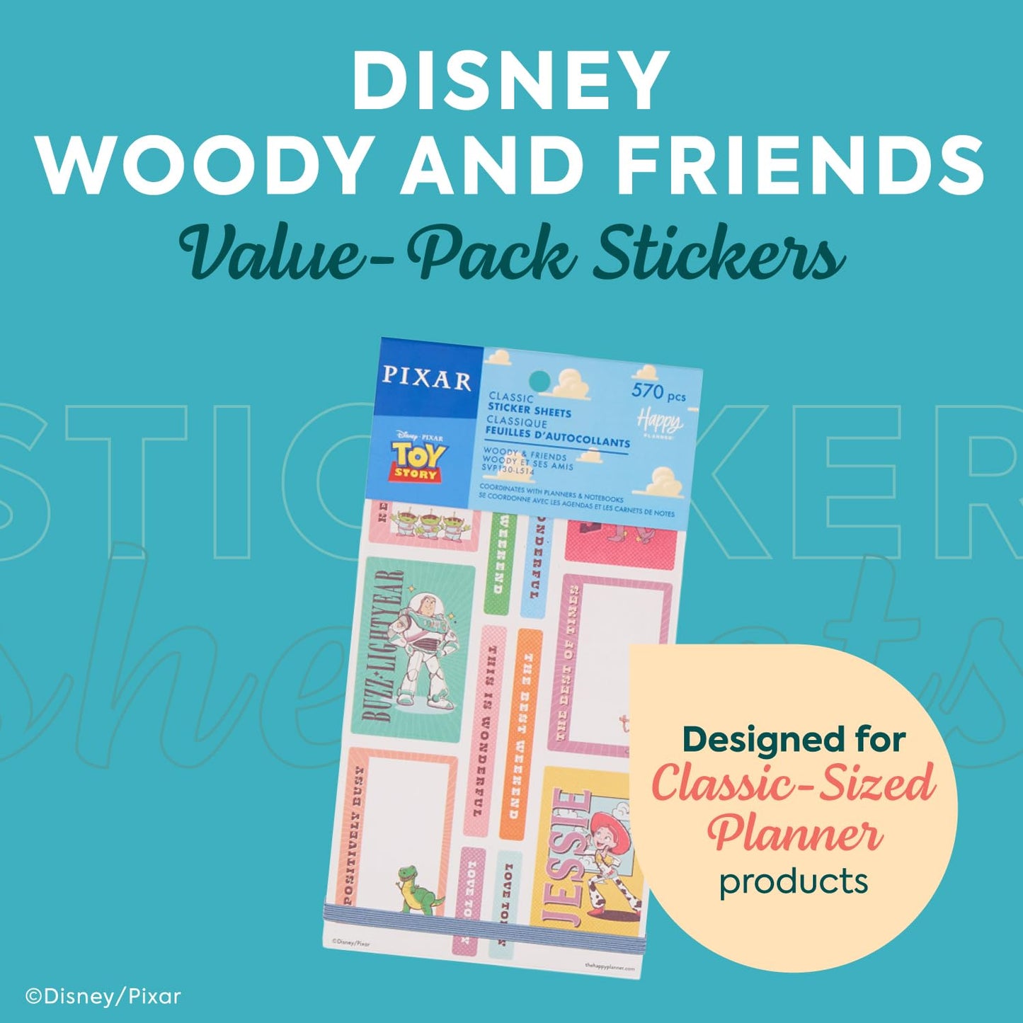Happy Planner Disney Toy Story 30-Sheet Sticker Pack for Planners, Calendars, and Journals, Easy-Peel Sticker Sheets, Scrapbook Accessories, Woody and Friends