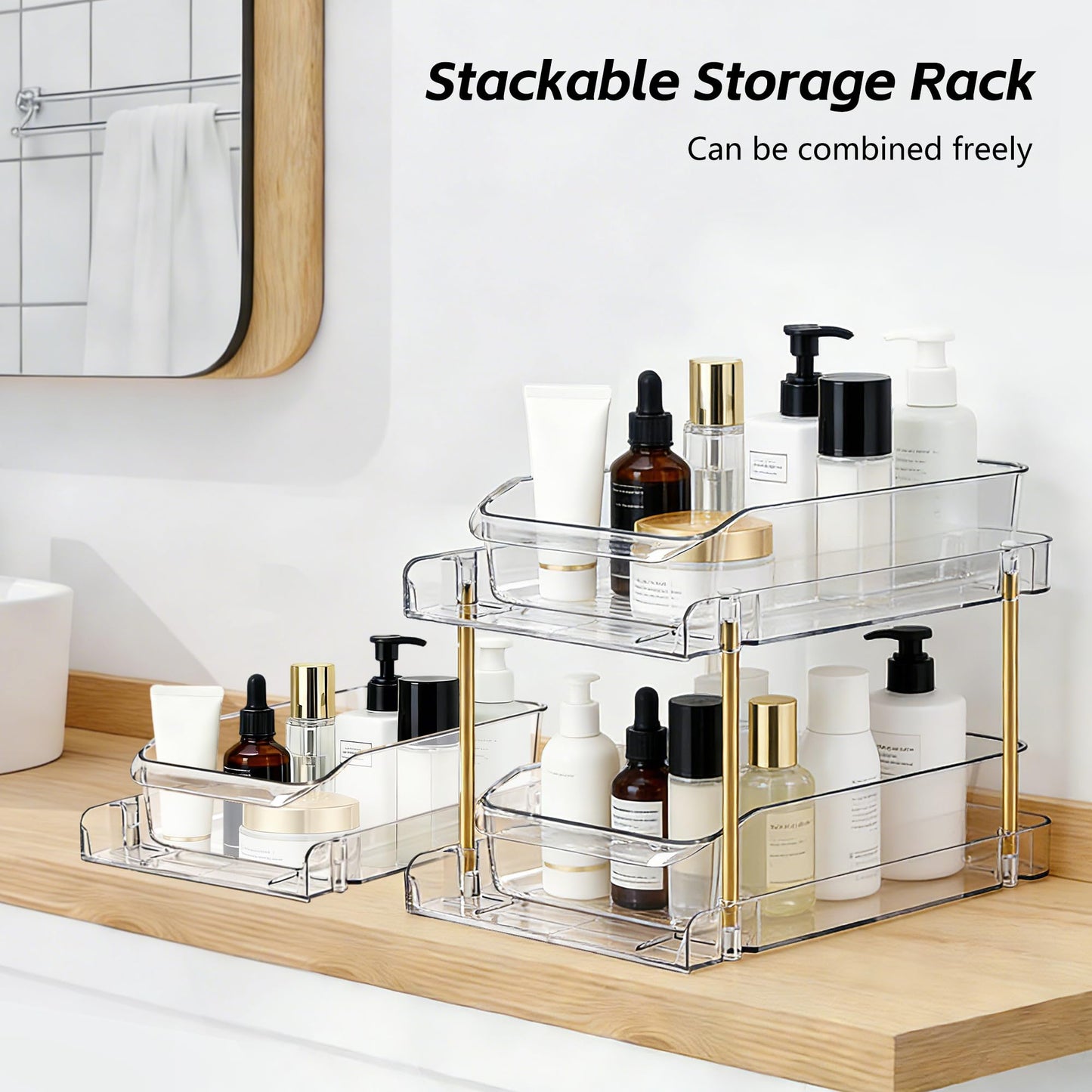 LAREKUN2pack 2-Tier Organizer & Storage Unit Stackable Bathroom Cabinet Organizer Pull-Out Kitchen Pantry Organizer & Storage System Suitable for Countertops, Pantries, Kitchens, Bathrooms
