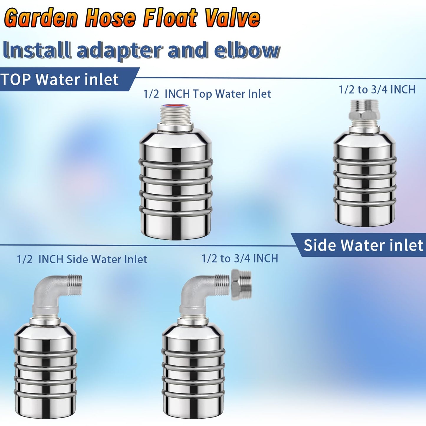 2-Pack NPT 1/2" Float Valve, Leak-Proof 304 Stainless Steel Automatic Water Level Control Float Valve with 1/2" 3/4" Premium 304 SS Connections for Water Trough Fish Tank Pool Livestock