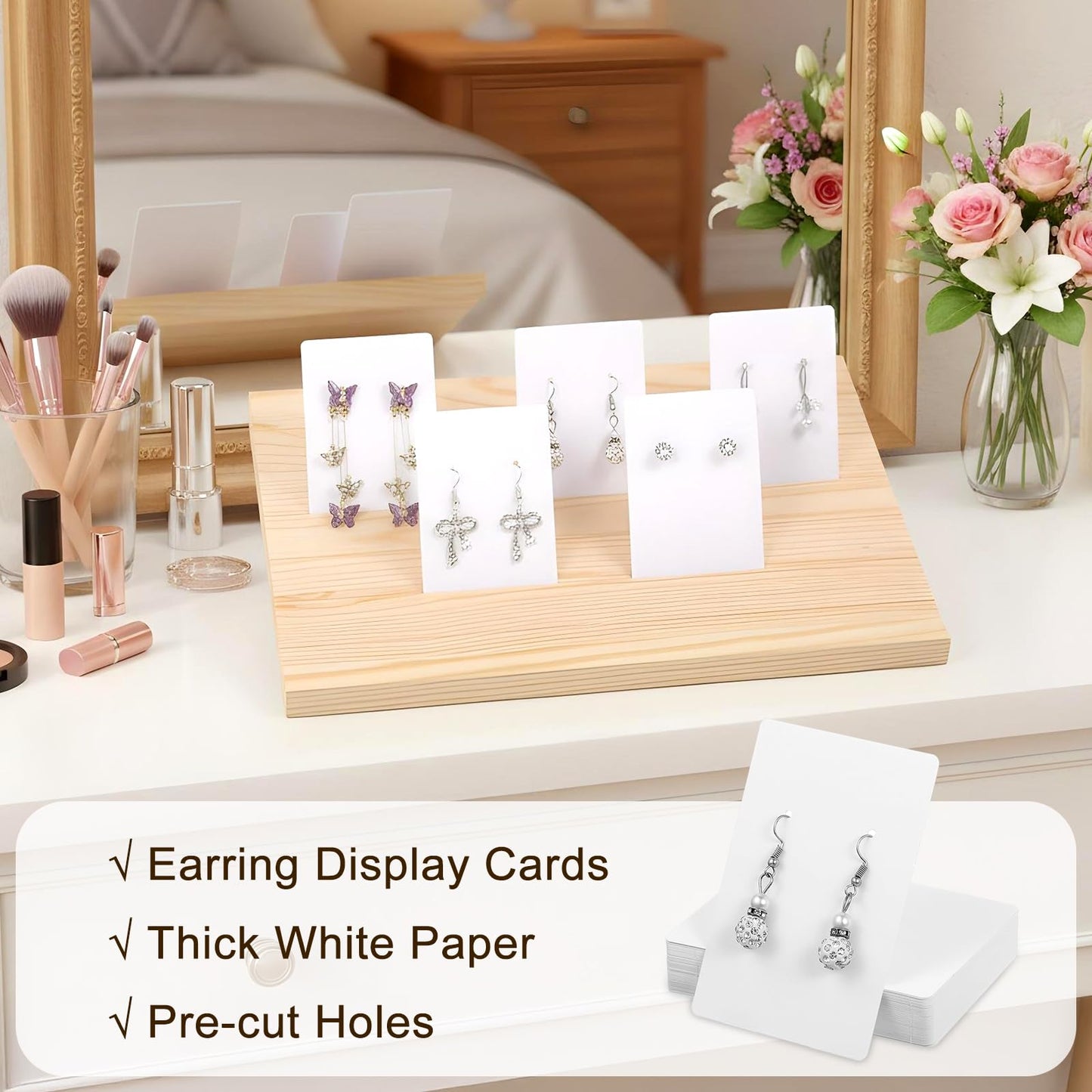 62 Pcs Wood Earring Display Stand Earring Card Display 2 Sets of Holder with Cards Jewelry Stands for Selling