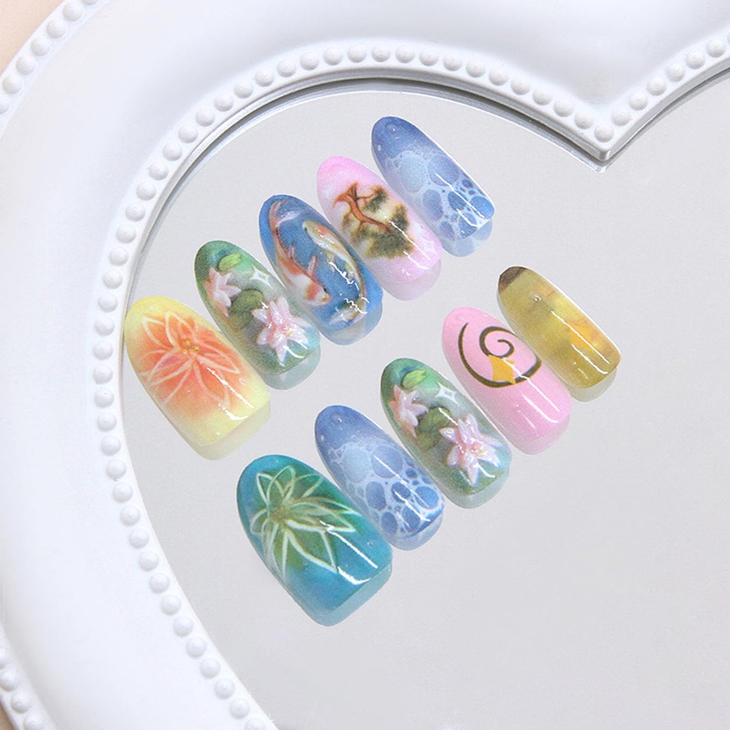 30Pcs Lotus Flower Press on Nails Medium Almond Fake Nails with 3D Koi Fish Lotus Leaf Design Star False Nails Natural Floral Glue on Nail Glossy Full Cover Spring Summer Artificial Nails for Women