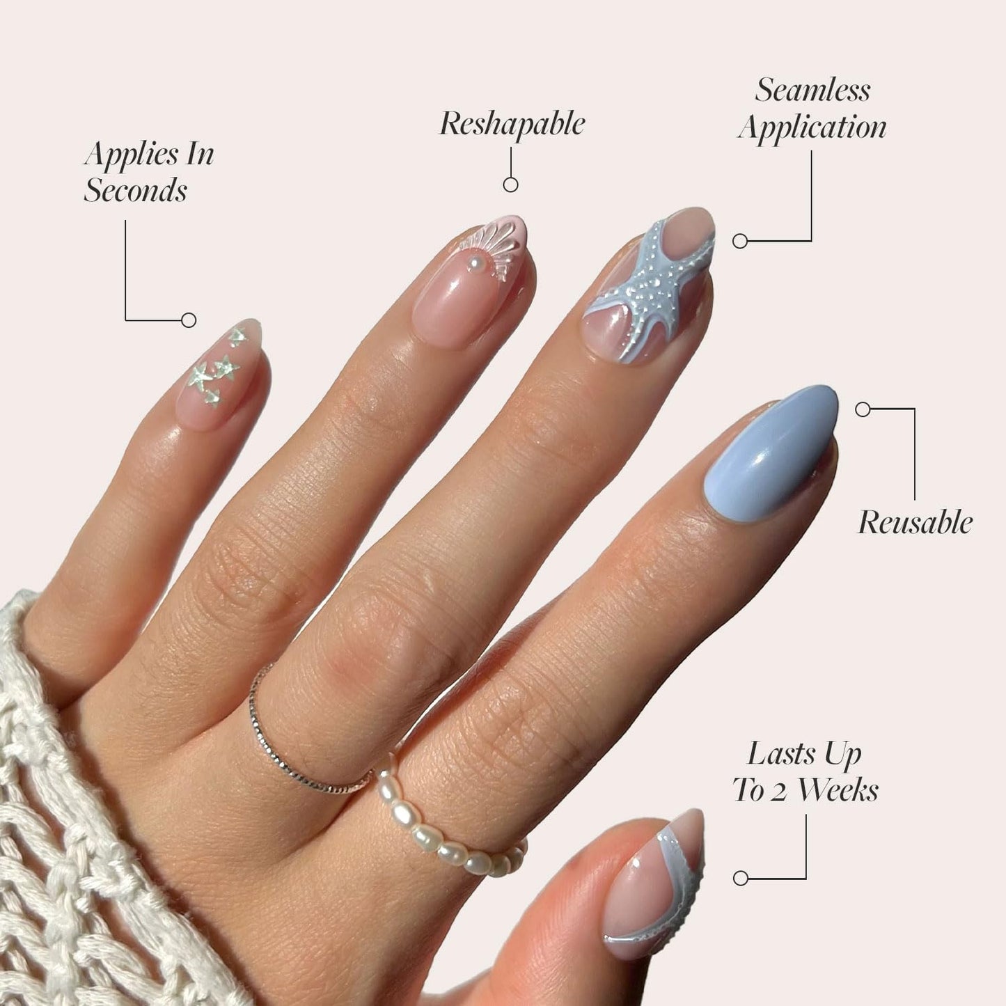 Glamnetic Press On Nails - Salty Waves | Short Almond Starfish Fake Nails with 3D Nail Art, Salon Quality Summer Nails | 15 Sizes - 30 Nail Kit with Glue