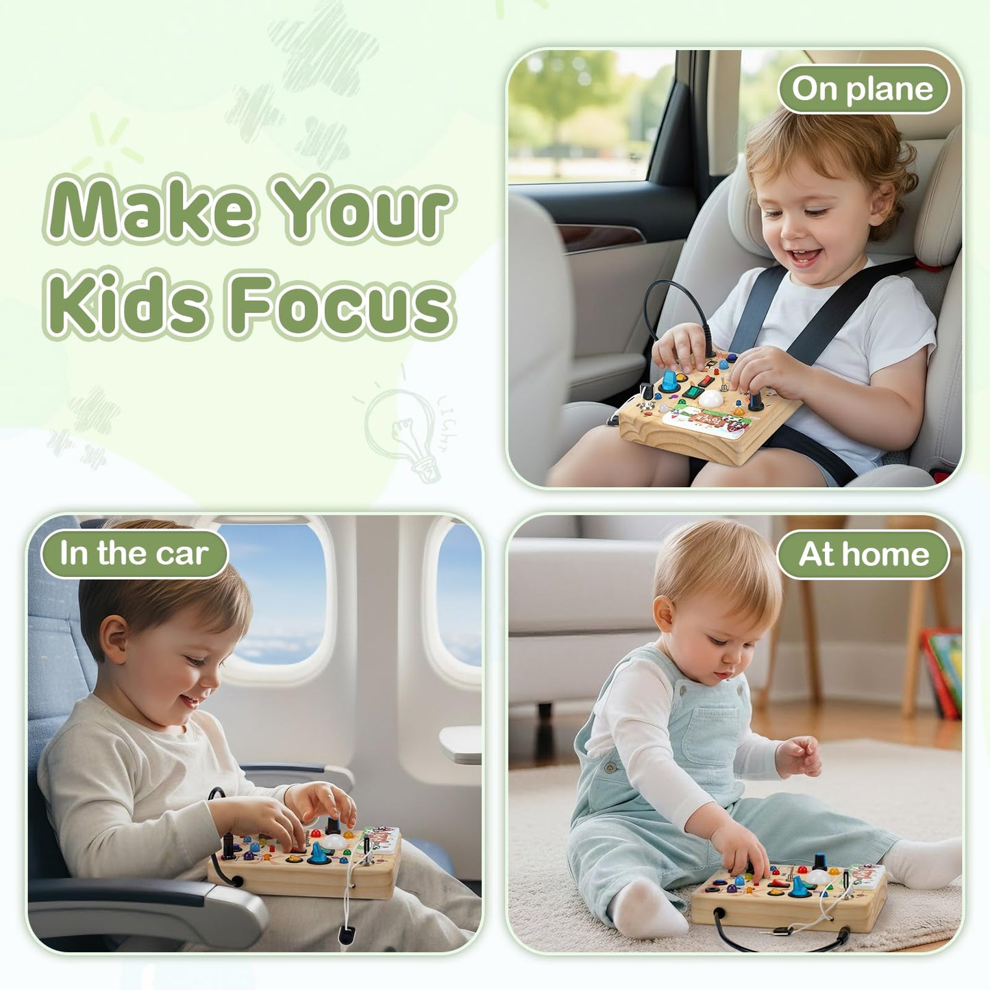 LED Busy Board for Toddlers 1-3,Montessori Toy with Key Switch, Light Up Wood Activity Sensory Board for Fine Motor Skills, Educational Travel Toy Gift for 1 2 3 Year Old Boys Girl