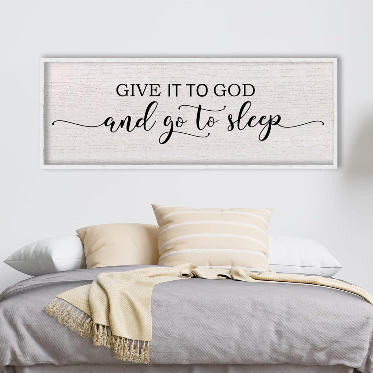 Give It To God And Go To Sleep Above Bed Wall Decor Sign 40"X15" Master Bedroom Over Bed Wall Wood Framed Art (White)