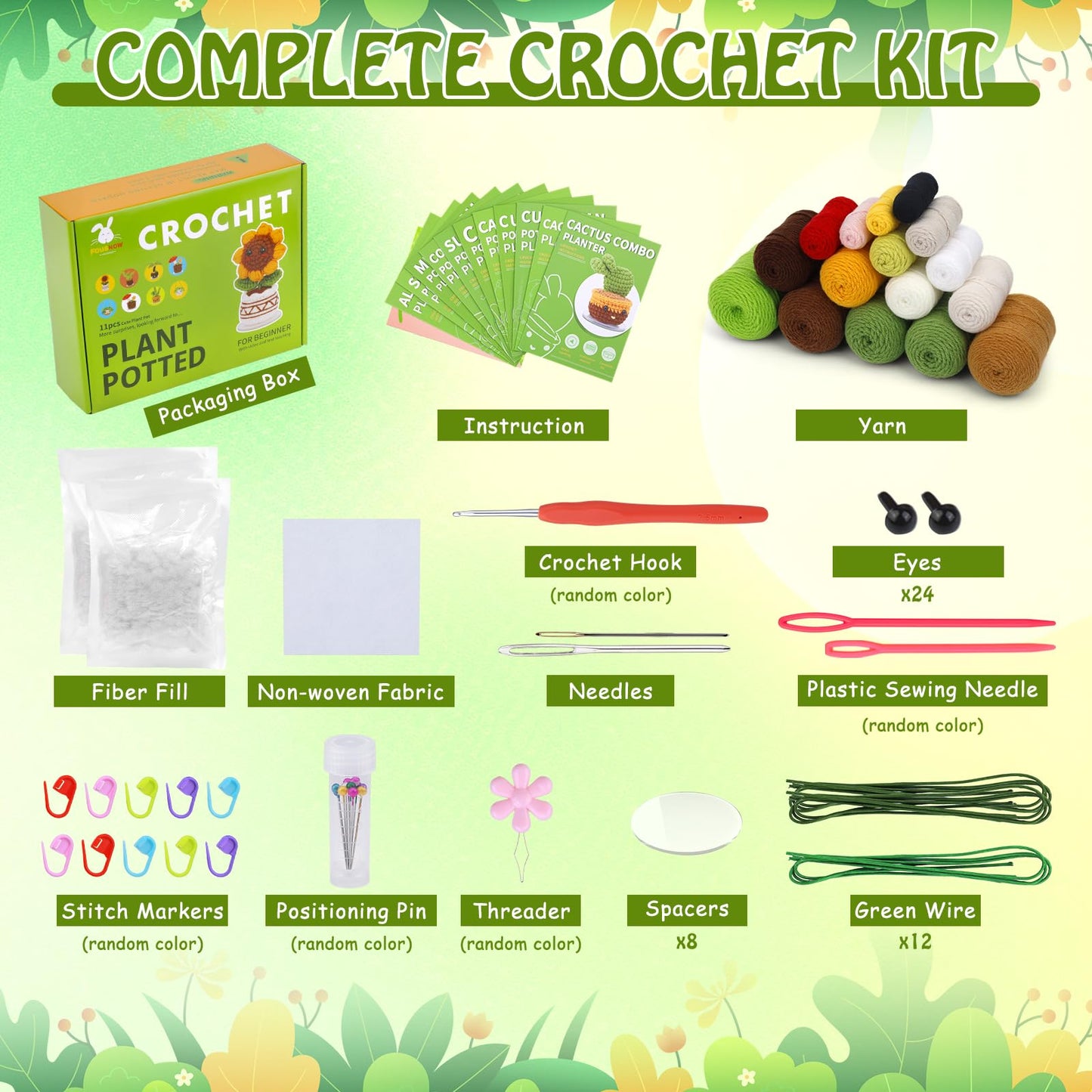 FOUSNOW Crochet Kits, Plant Crochet Kits,11 PCS Potted Plants Crochet Starter Kit, Crochet Kit for Adults with Step-by-Step Video Tutorials, Craft DIY Knitting Supplies