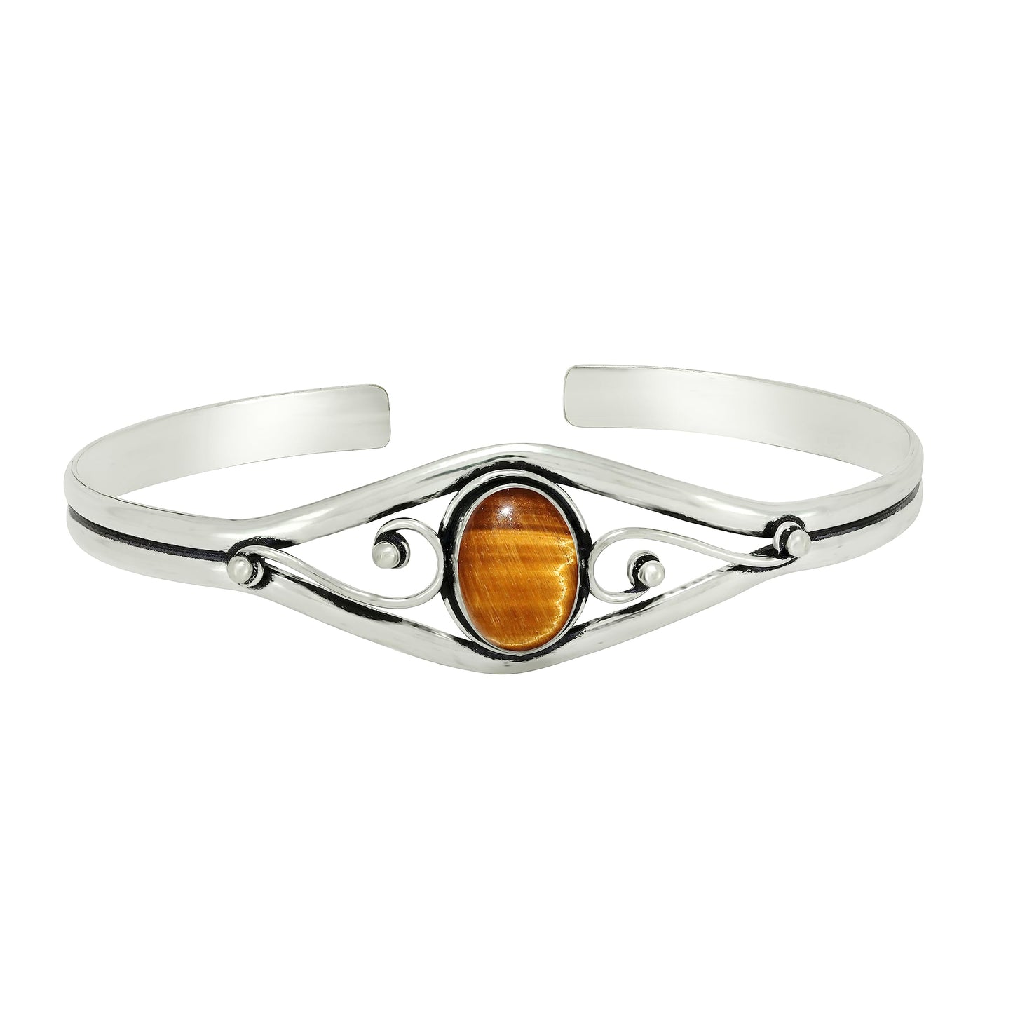 925 Silver Plated Natural Tiger Eye Cuff Bangle Bracelet for Women – Handmade Open Bangle – Brown Gemstone June Birthstone Statement Jewelry – Gift for Her