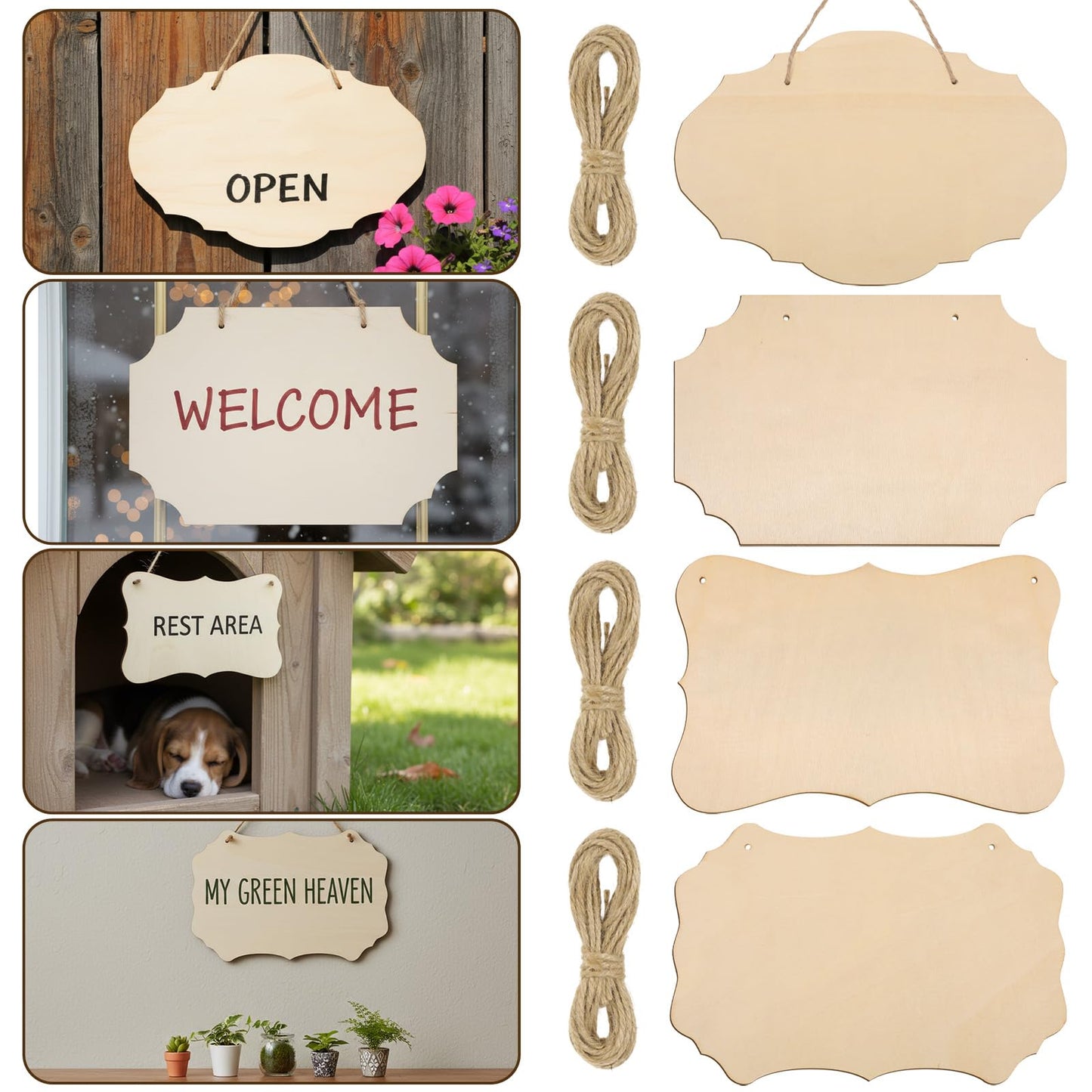 40 Pcs Unfinished Wood Sign Blank, 4 Style Rectangular Wooden Plaques with Hanging Ropes for DIY Painting, Crafts, Home Door Wall Art and Holiday Decor, 9 x 5.91 Inch