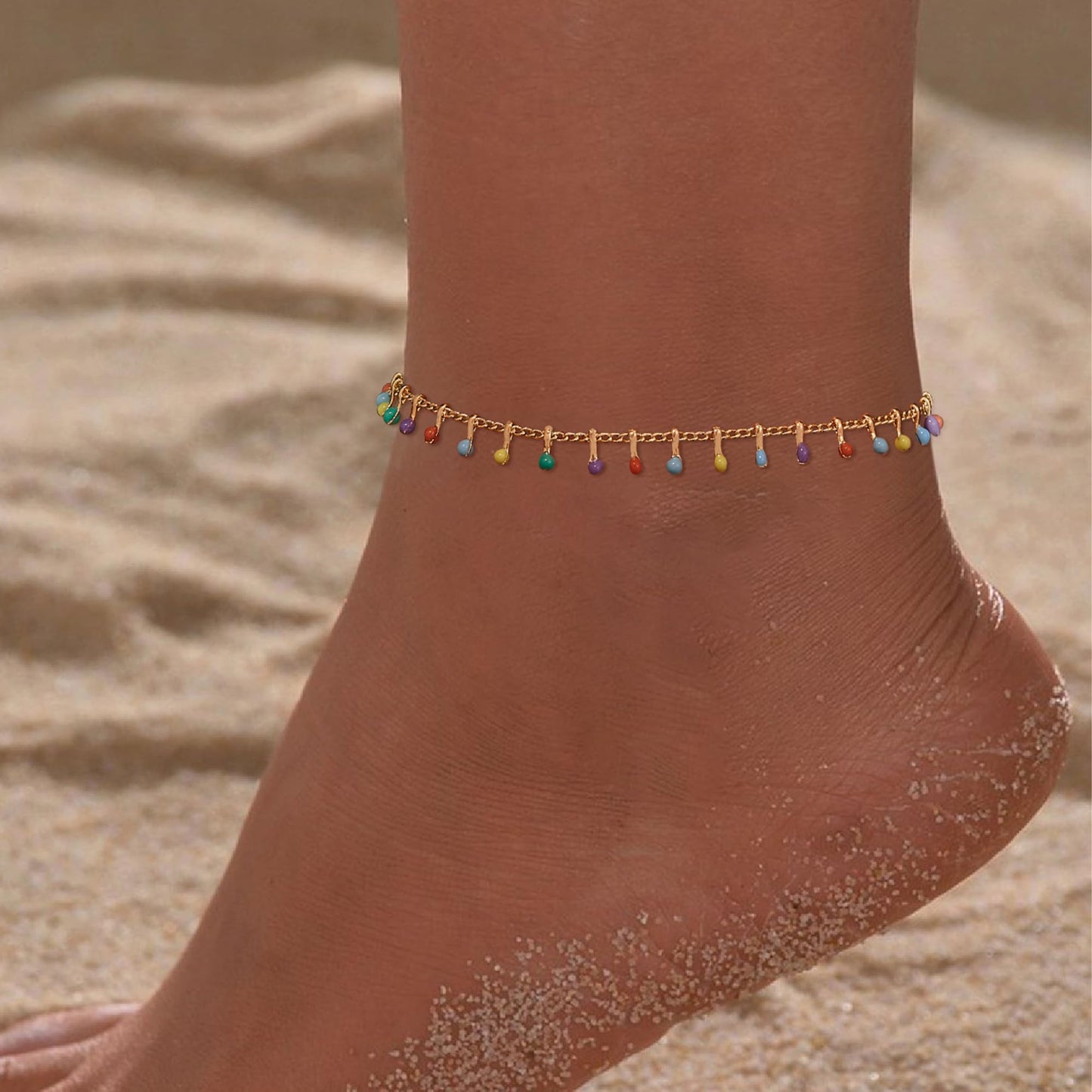 MTMY Gold Anklets for Women 14K Gold Plated Tiny Bead Colorful Tassel Foot Chain Dainty Adjustable Cute Summer Beach Boho Anklets Jewelry Gift for women