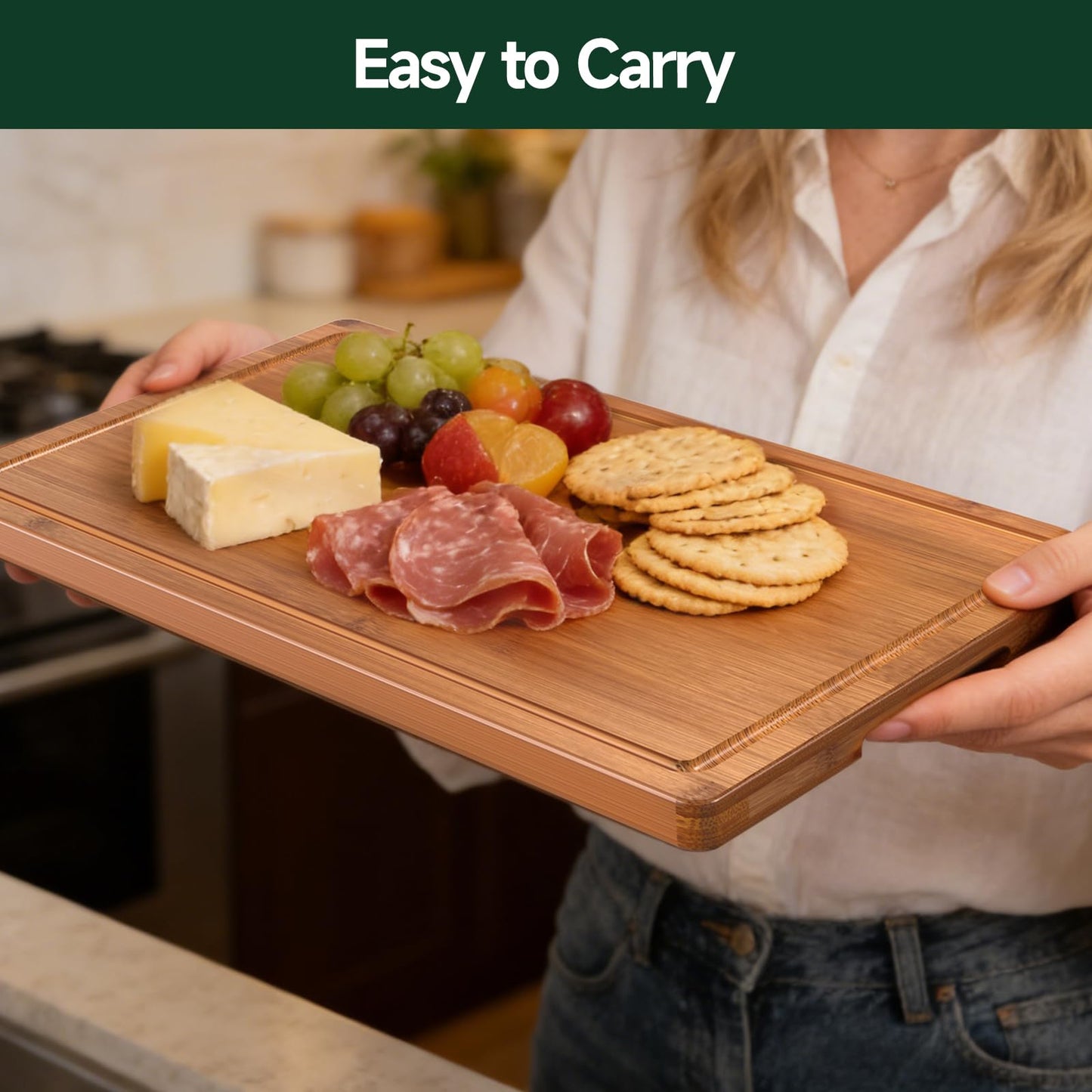 Zeawec 3-Piece Set Bamboo Cutting Board for Kitchen - Crack-Resistant Wood Chopping Boards with Deep Juice Grooves, Pre-Oiled Butcher Block for Meat, Vegetables & Cheese, Carbonized