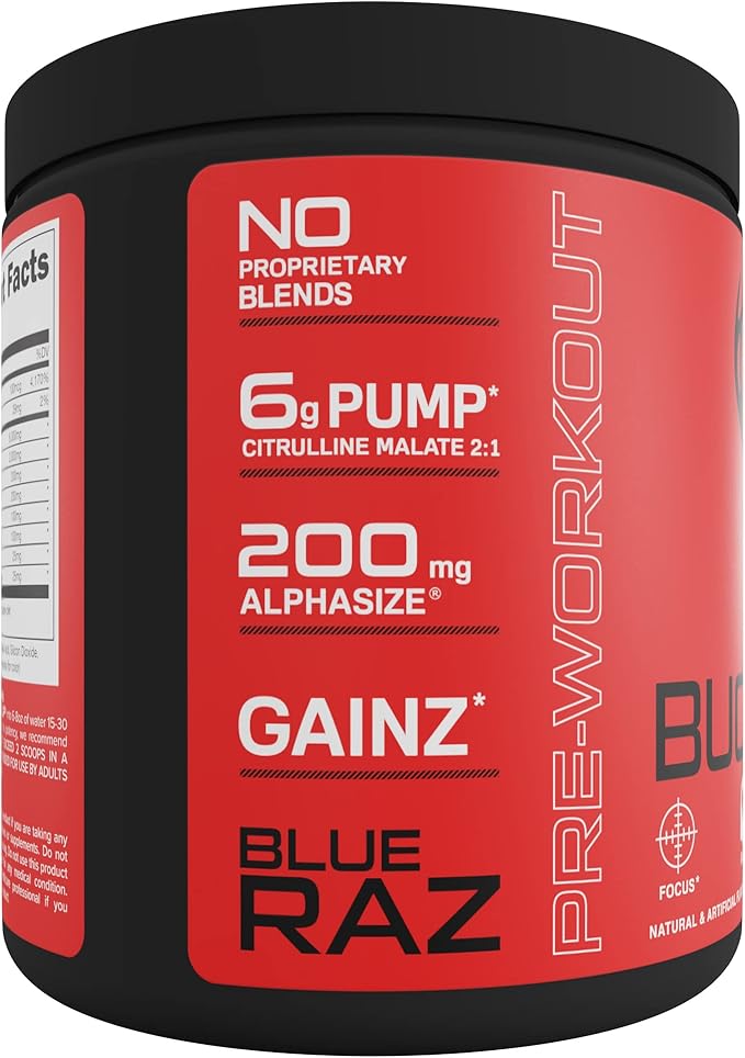 Bucked Up Pre Workout 6 Grams Citrulline, 2 Grams Beta Alanine, and 3 Other Registered trademarked Ingredients (Blue Raz)