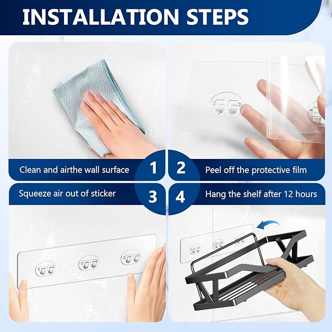 4 Pack Shower Shelf Adhesive Replacement, No Drilling Transparent Adhesive Hooks Stickers, Strong Wall Hook Strip for Shower Caddy Basket and Bathroom Shelf, Kitchen Racks (3 Hooks)