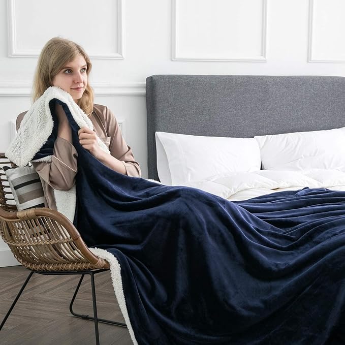 IR Imperial Rooms Navy Sherpa Fleece Throw Blanket Twin Size for Bed - Wholesale Bulk Pack of 12 Sherpa Blankets - Soft Fluffy Throw Blankets for Hotels, Guest Bedroom, 60x80 Inches