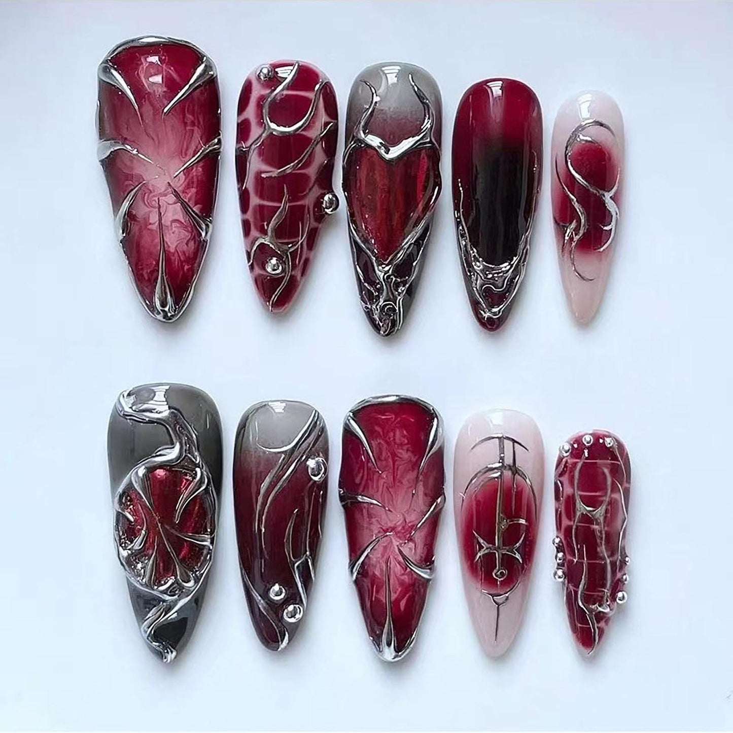 MISUD Press on Nails - Long Stiletto Fake Nails with Goth Red Gray, Acrylic Silver Chrome Design 24 pcs