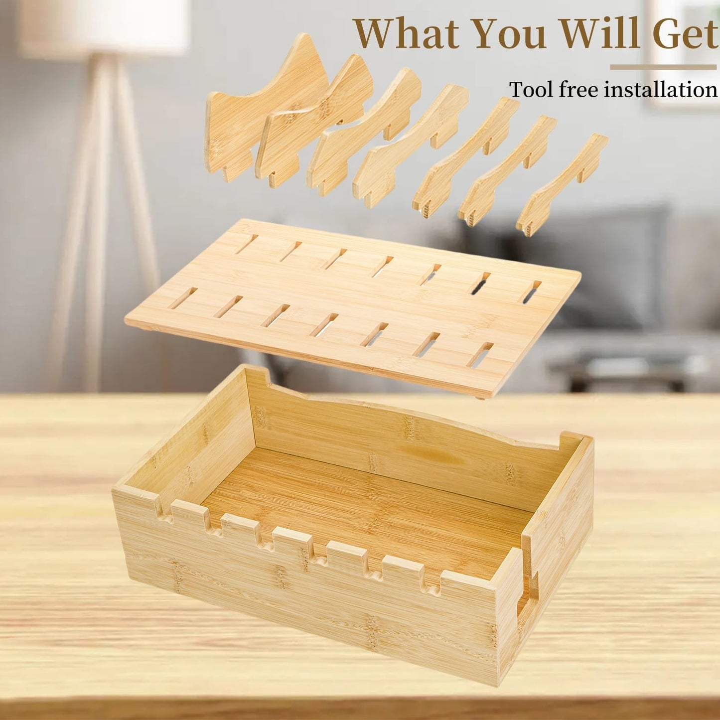 WRINGKIT Bamboo Charging Station for Multiple Devices, Desktop Charging Organizer with Removable Divider Slots, Docking Stations Stand for 6 Devices, Compatible with Tablets, iPads, Cell Phone, Laptop