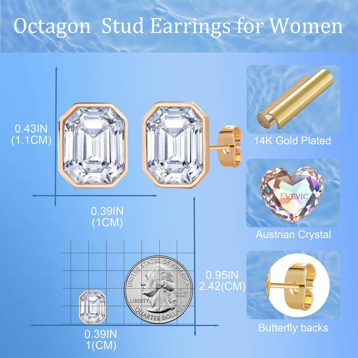 Austrian Crystal Octagon Stud Earrings for Women Fashion 925 Sterling Silver Post Hypoallergenic Jewelry (Clear White)
