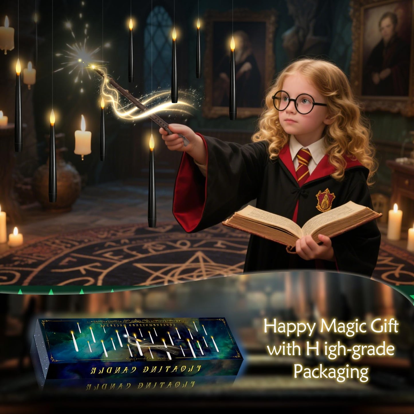 kakoya Flameless Floating Candles with Wand，20 Pcs Magic LED Hanging Taper Candles，Flickering Battery Operated Taper Candle with Wand Remote for Halloween Decorations Best Gift(Black)