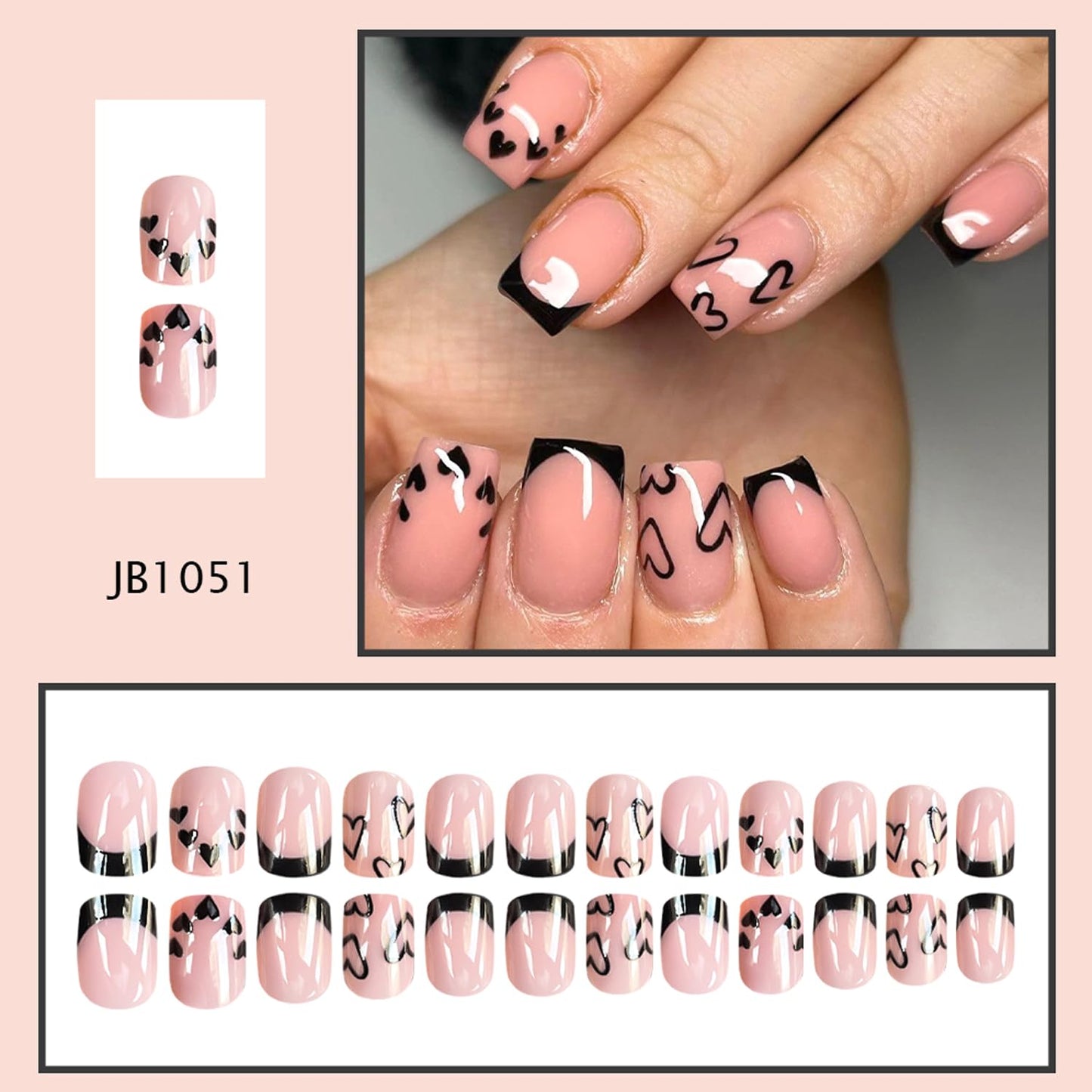 24Pcs Valentines Press on Nails Short Square Black French Tip Fake Nails Black Love Designs False Nails Nude Pink Glossy Full Cover Cute Heart Artificial Glue on Nails for Women Holiday Manicure Decor
