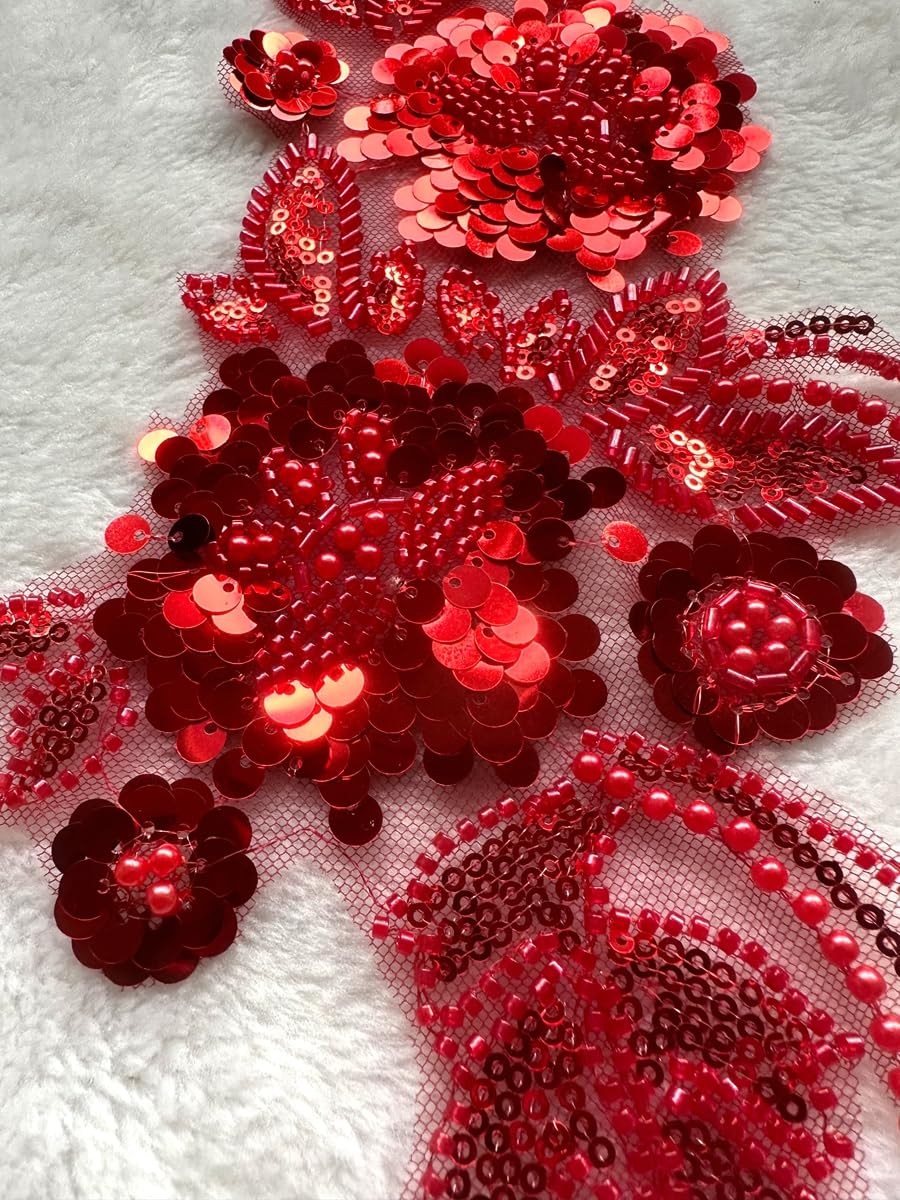 Handmade Sewing Sequin Beaded or Pearl Flower Fabric Lace Applique for Wedding Dress Gown Bodice Costume Clothing Craft DIY 2PCS/Bag 5.9X12.2inches (Wine)