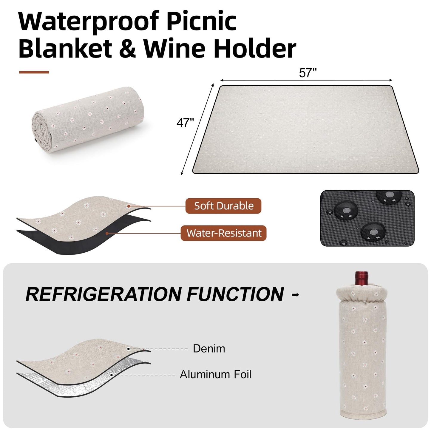 G GOOD GAIN Picnic Basket for 2-19Pcs Wicker Picnic Set with Waterproof Blanket & Wine Bag| Large Picnic Hamper with Insulated Cooler & Cutlery Kit for Couples Camping,White Flower