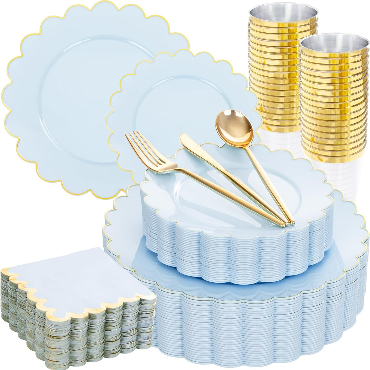 LIYH 210 Pcs Light Blue Plastic Dinnerware Set - Baby Blue Plastic Plates Napkins with Gold Foil Include Bridal Shower Plates Disposable Gold Silverware Napkins Cups for Birthday 30 Guests